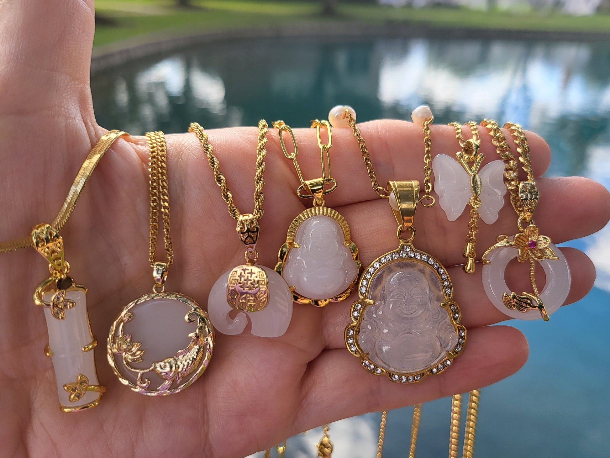 White Jade Necklace, WATERPROOF Adjustable Chains.