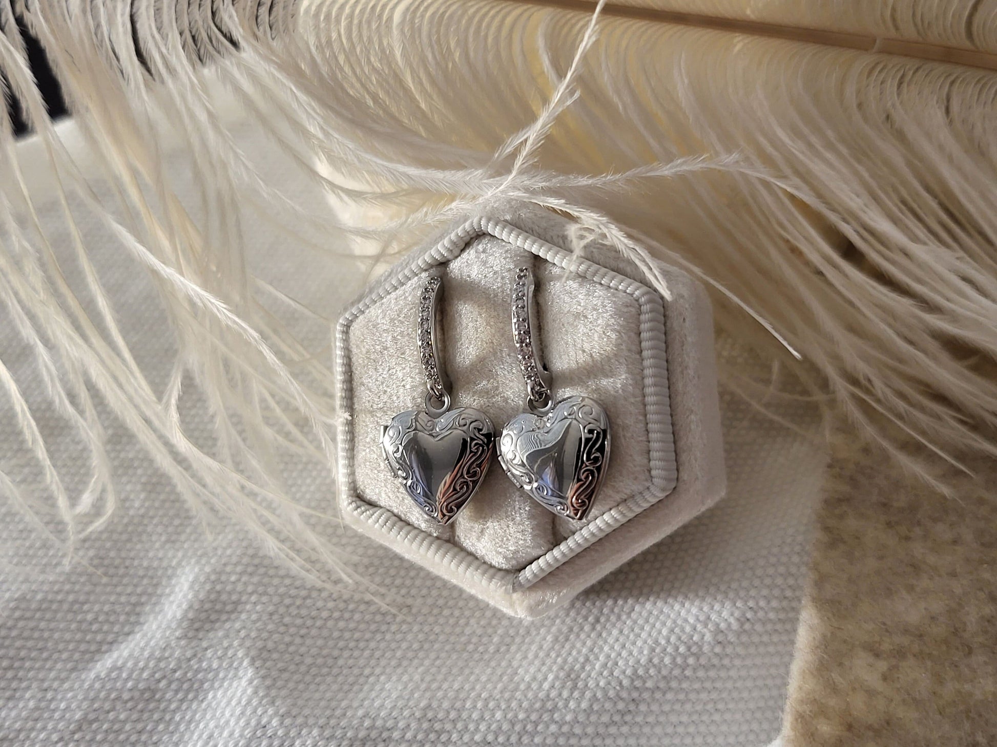Silver Heart Locket Earrings , Engraved Heart Locket with photo, Personalized gift.