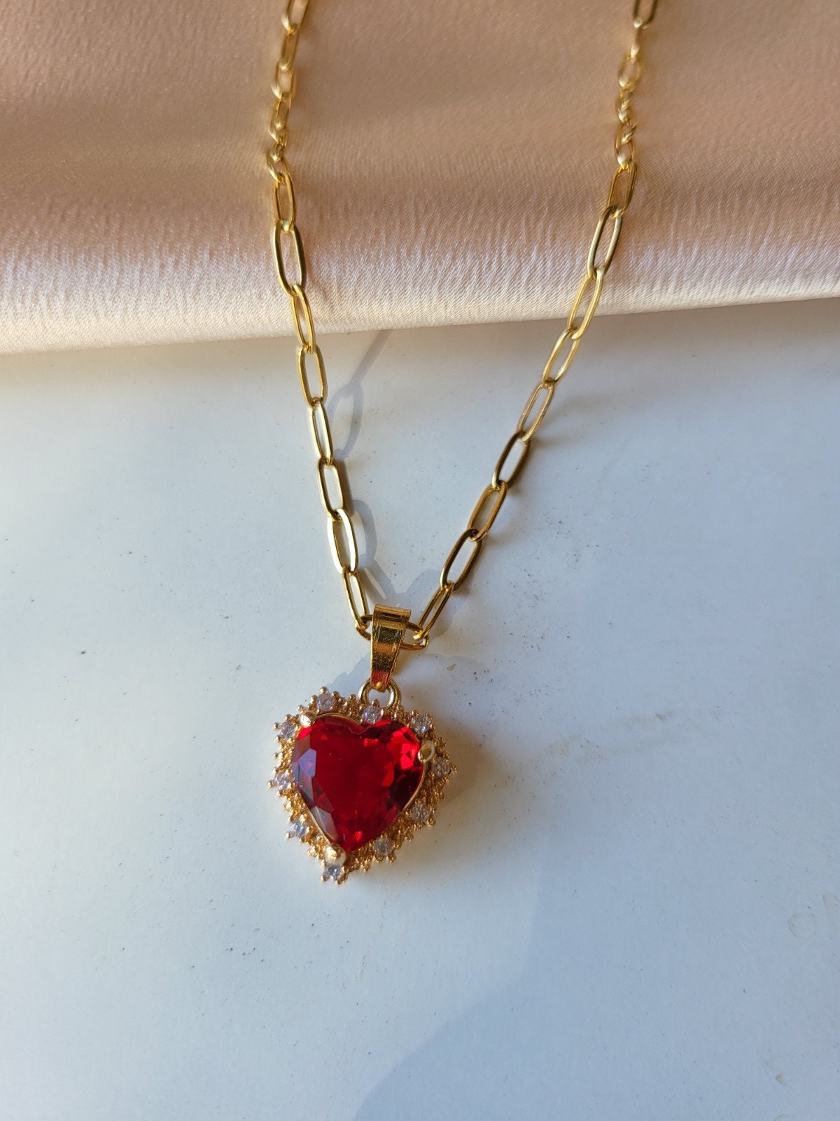 Gold Heart Necklace ,Red, Blue, Green, White, Red Heart, WATERPROOF Adjustable Chains.