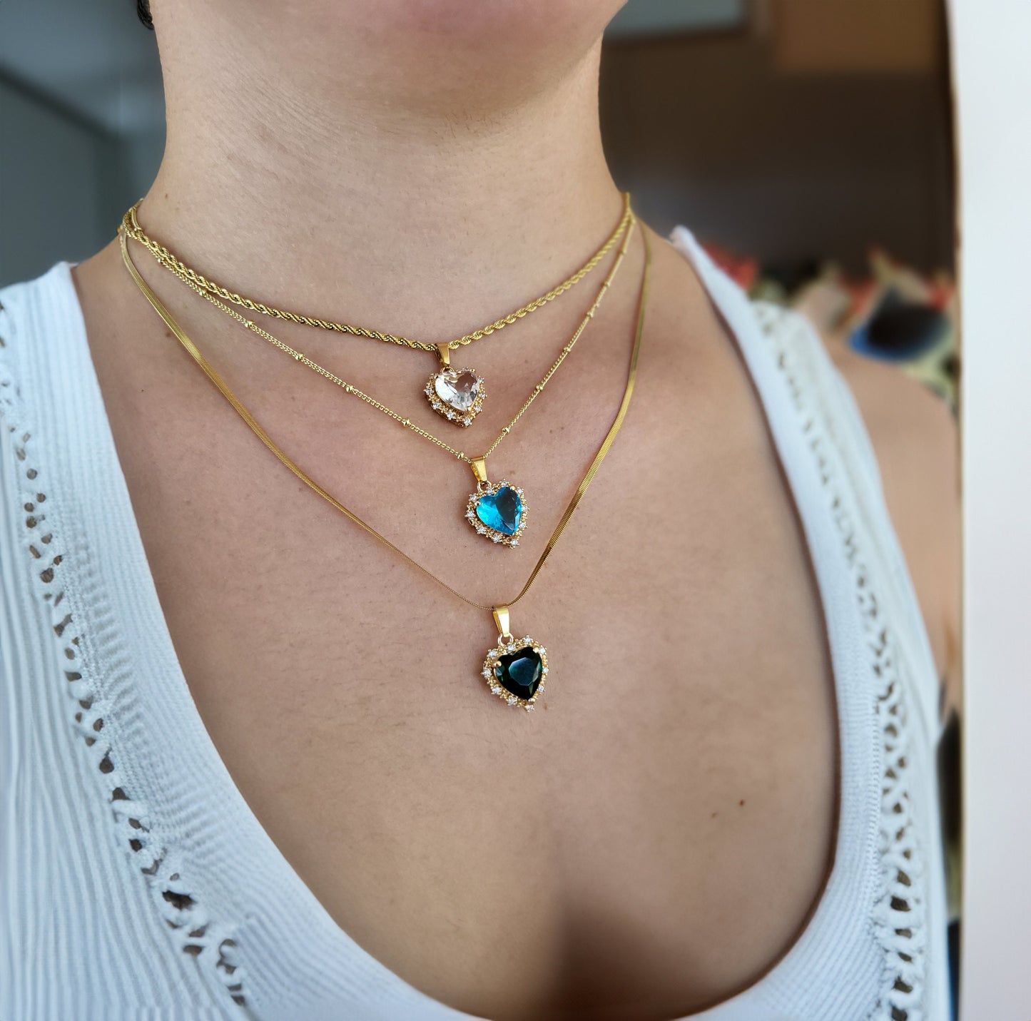 Gold Heart Earrings ,Red, Blue, Green, White, Red Heart Necklace, WATERPROOF Adjustable Chains.