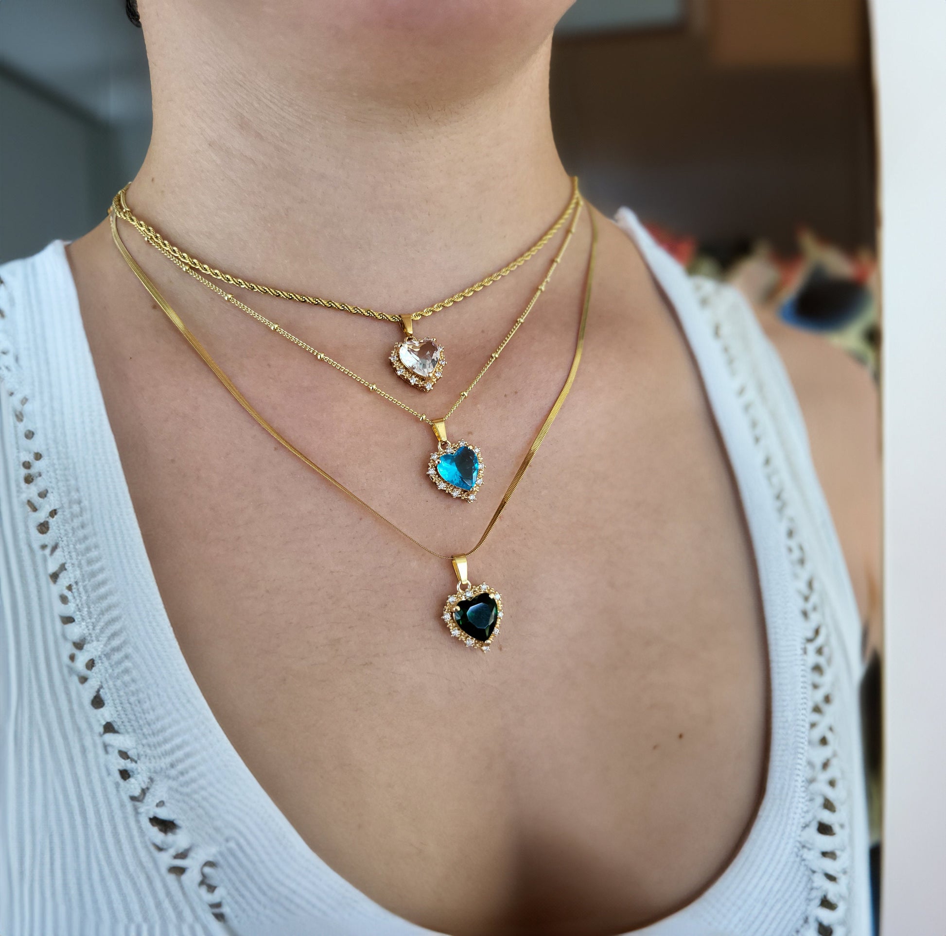 Gold Heart Earrings ,Red, Blue, Green, White, Red Heart Necklace, WATERPROOF Adjustable Chains.
