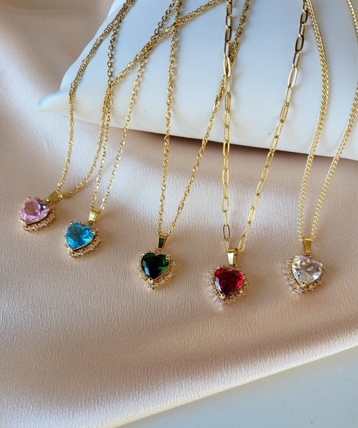 Gold Heart Necklace ,Red, Blue, Green, White, Red Heart, WATERPROOF Adjustable Chains.
