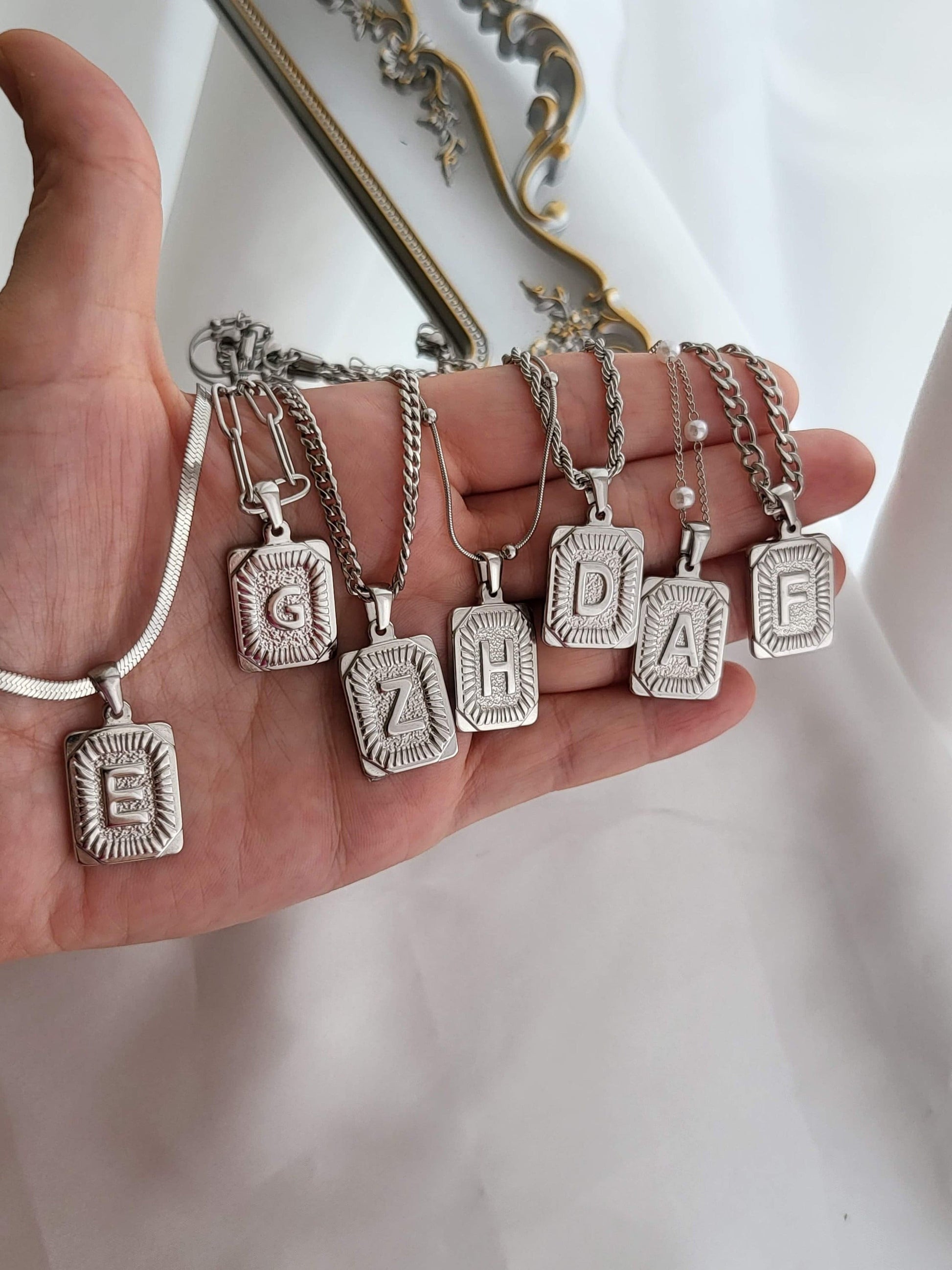 Silver-Gold Square Initial Necklace with Toggle Clasp,WATERPROOF, Custom Gift.