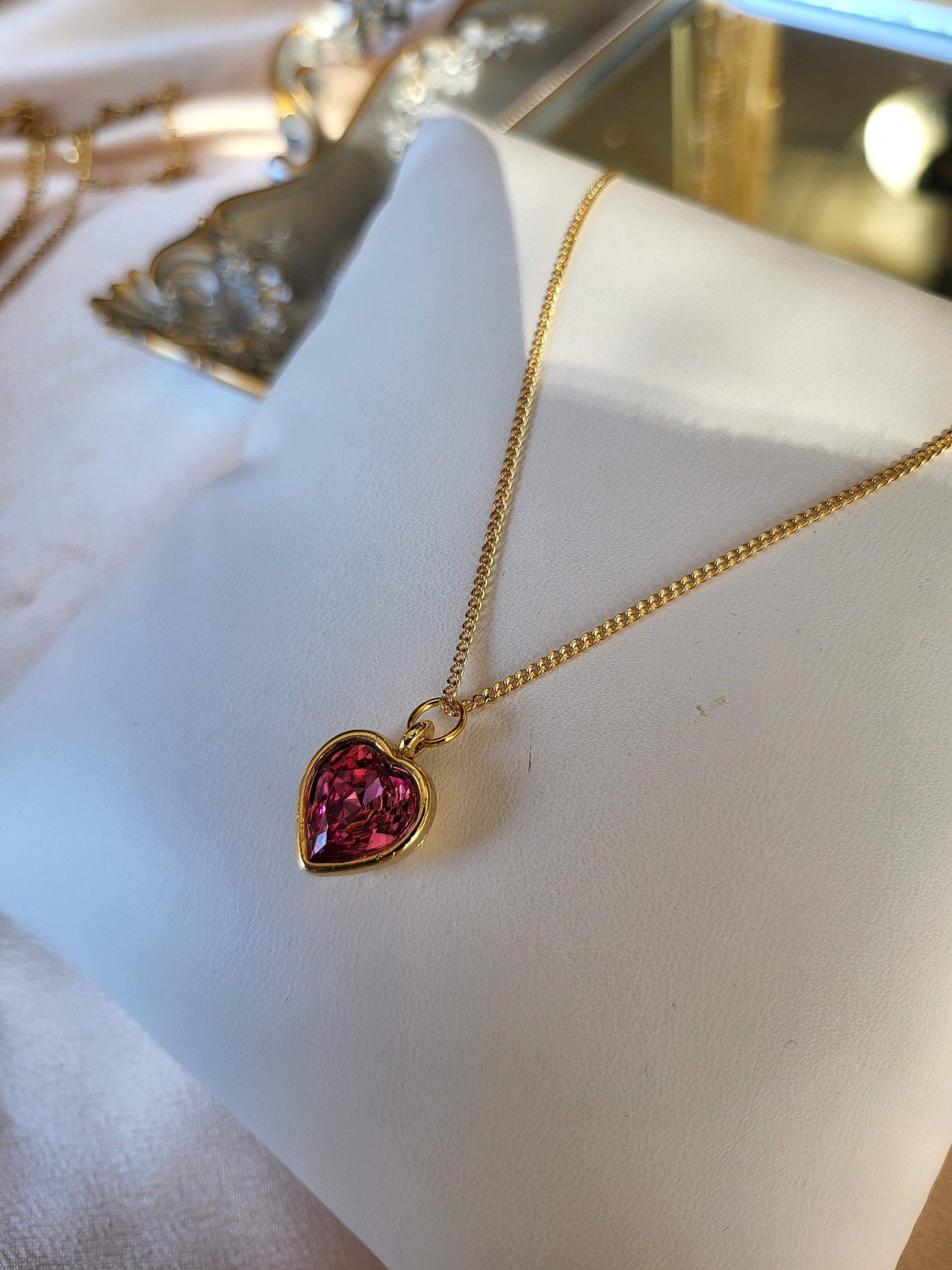 Gold Heart Necklace ,Red, Blue, Green, White, Red Heart, WATERPROOF Adjustable Chains.