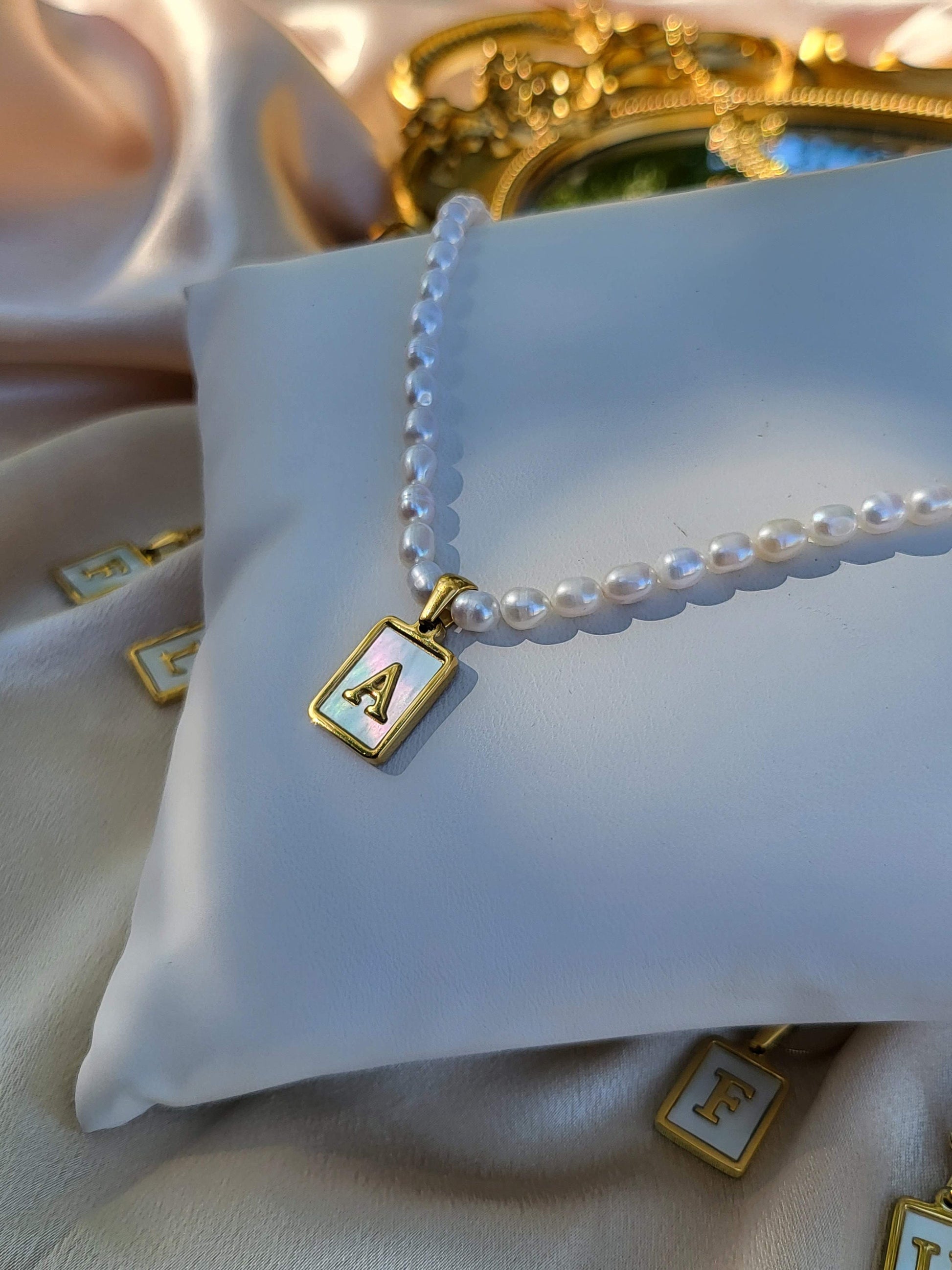 Gold Filled Mother of Pearl Initial Name Necklace, Birthday Gift.