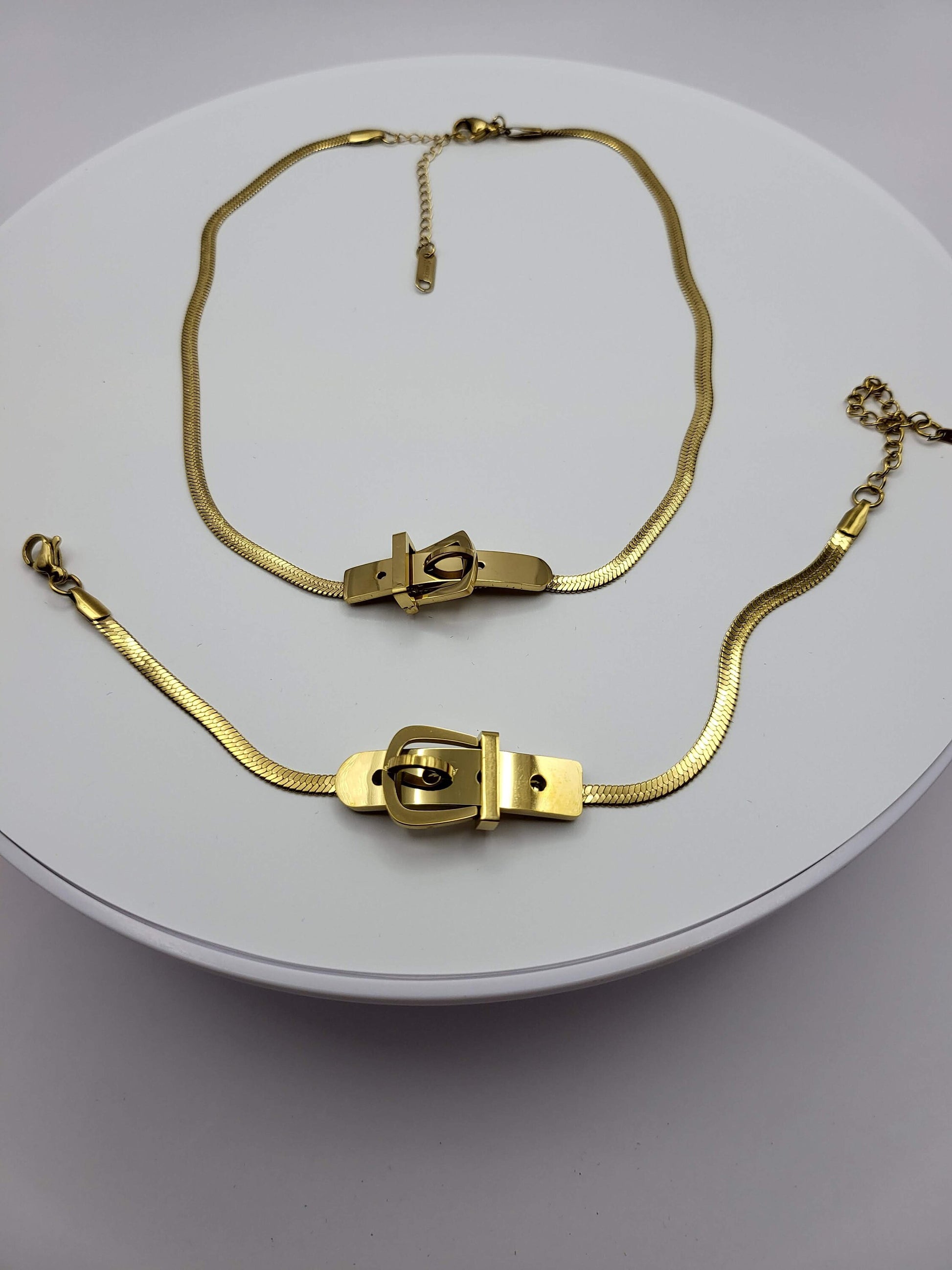 18K Gold Filled Herringbone Locked Necklace, Snake Bracelet.