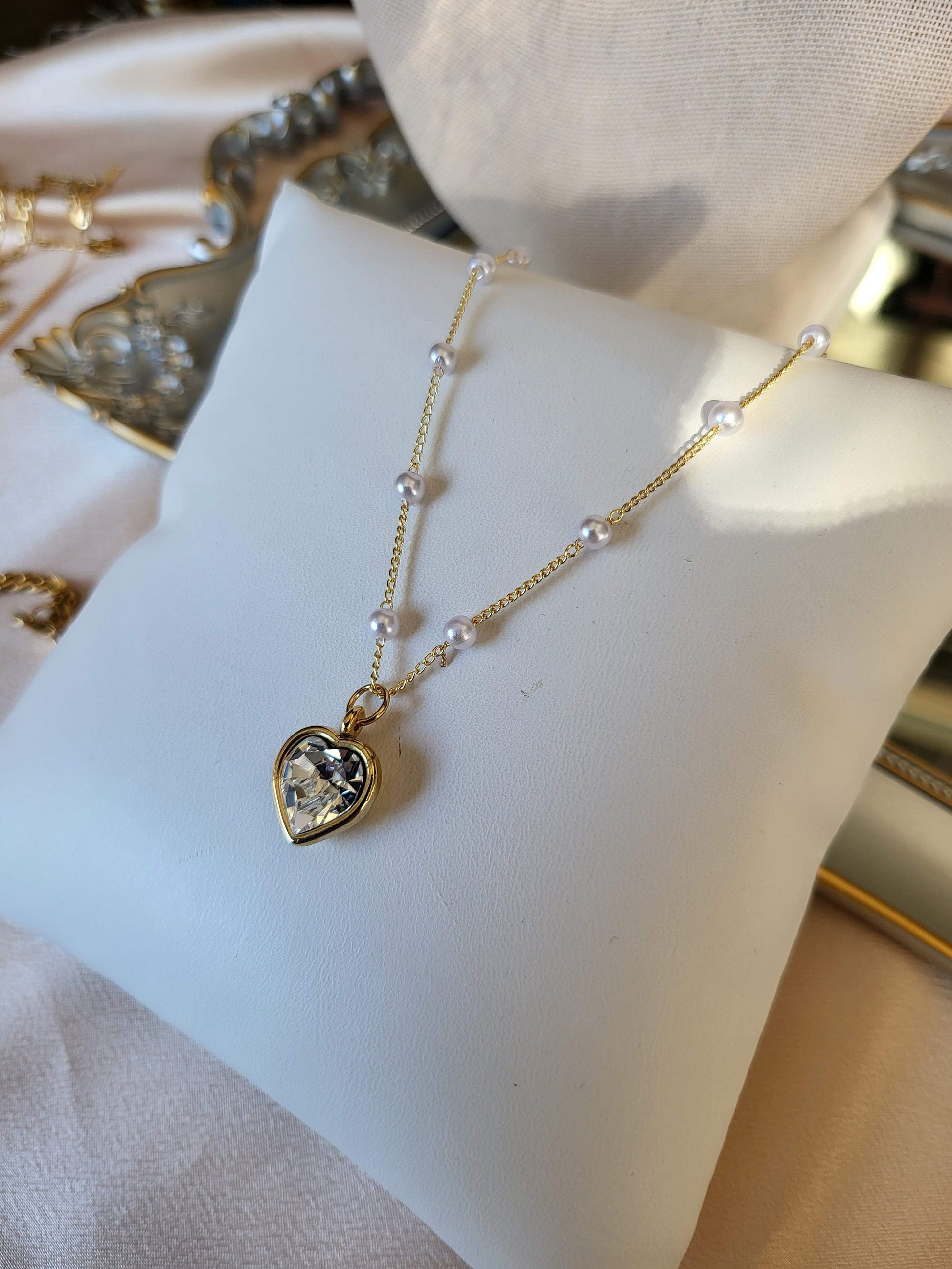 Gold Heart Necklace ,Red, Blue, Green, White, Red Heart, WATERPROOF Adjustable Chains.