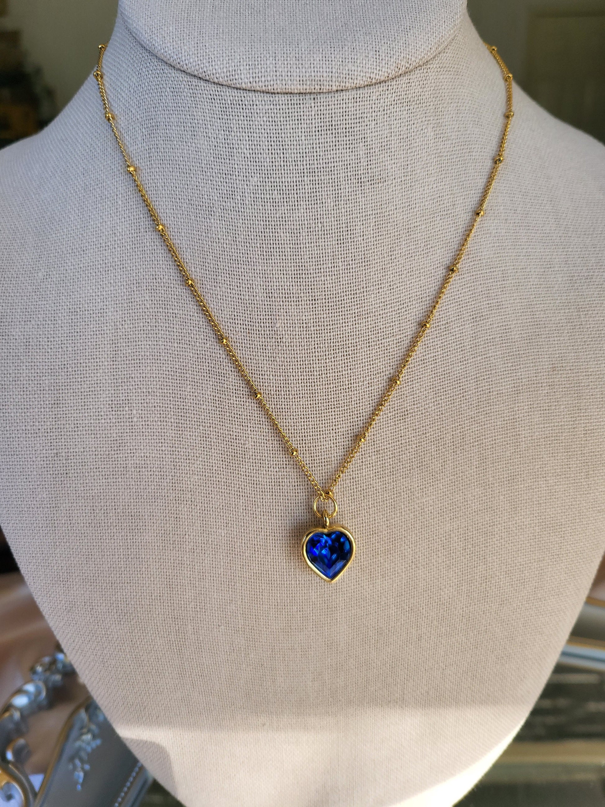 Gold Heart Necklace ,Red, Blue, Green, White, Red Heart, WATERPROOF Adjustable Chains.