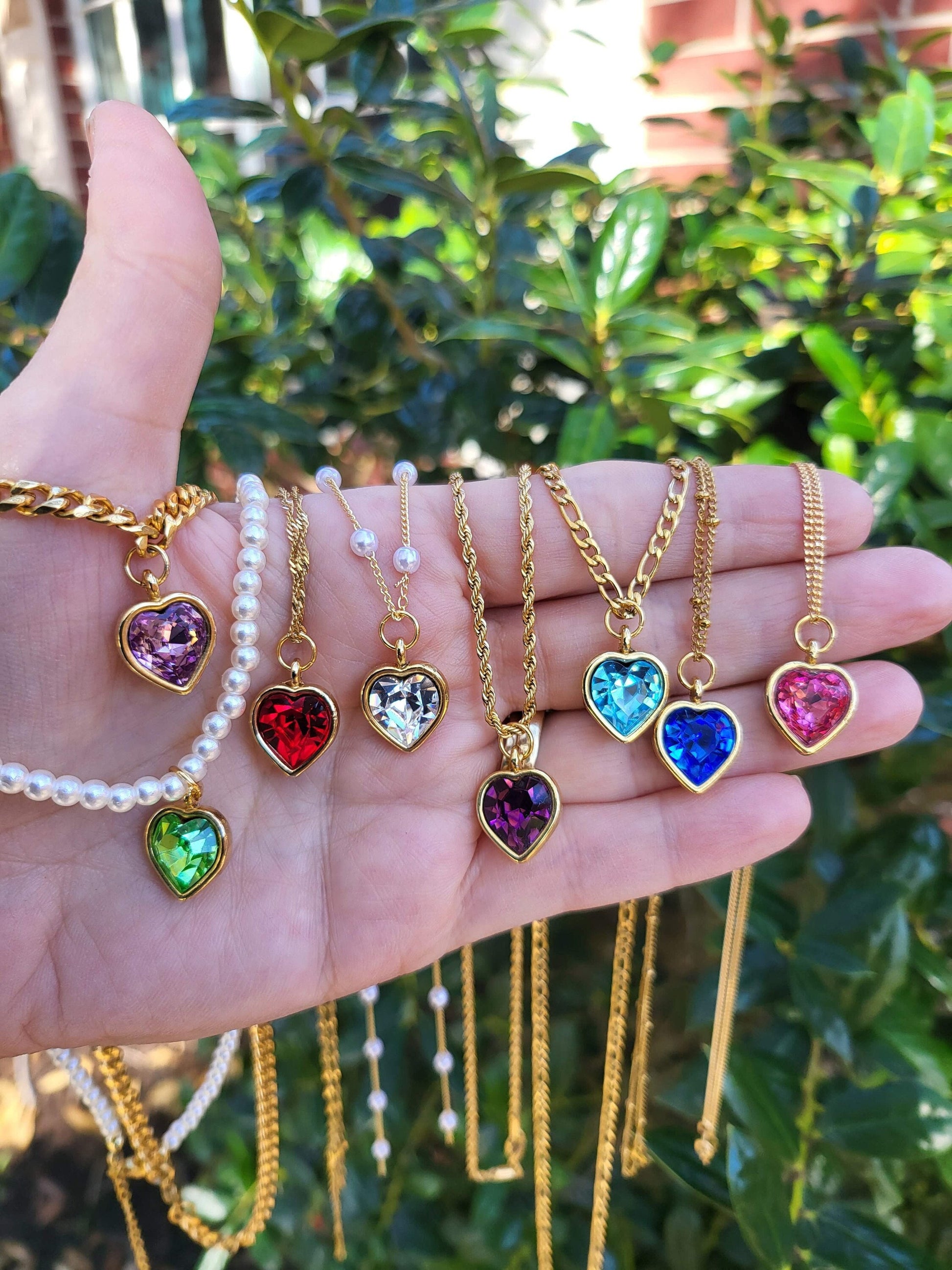 Gold Heart Necklace ,Red, Blue, Green, White, Red Heart, WATERPROOF Adjustable Chains.