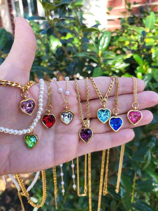 Gold Heart Necklace ,Red, Blue, Green, White, Red Heart, WATERPROOF Adjustable Chains.
