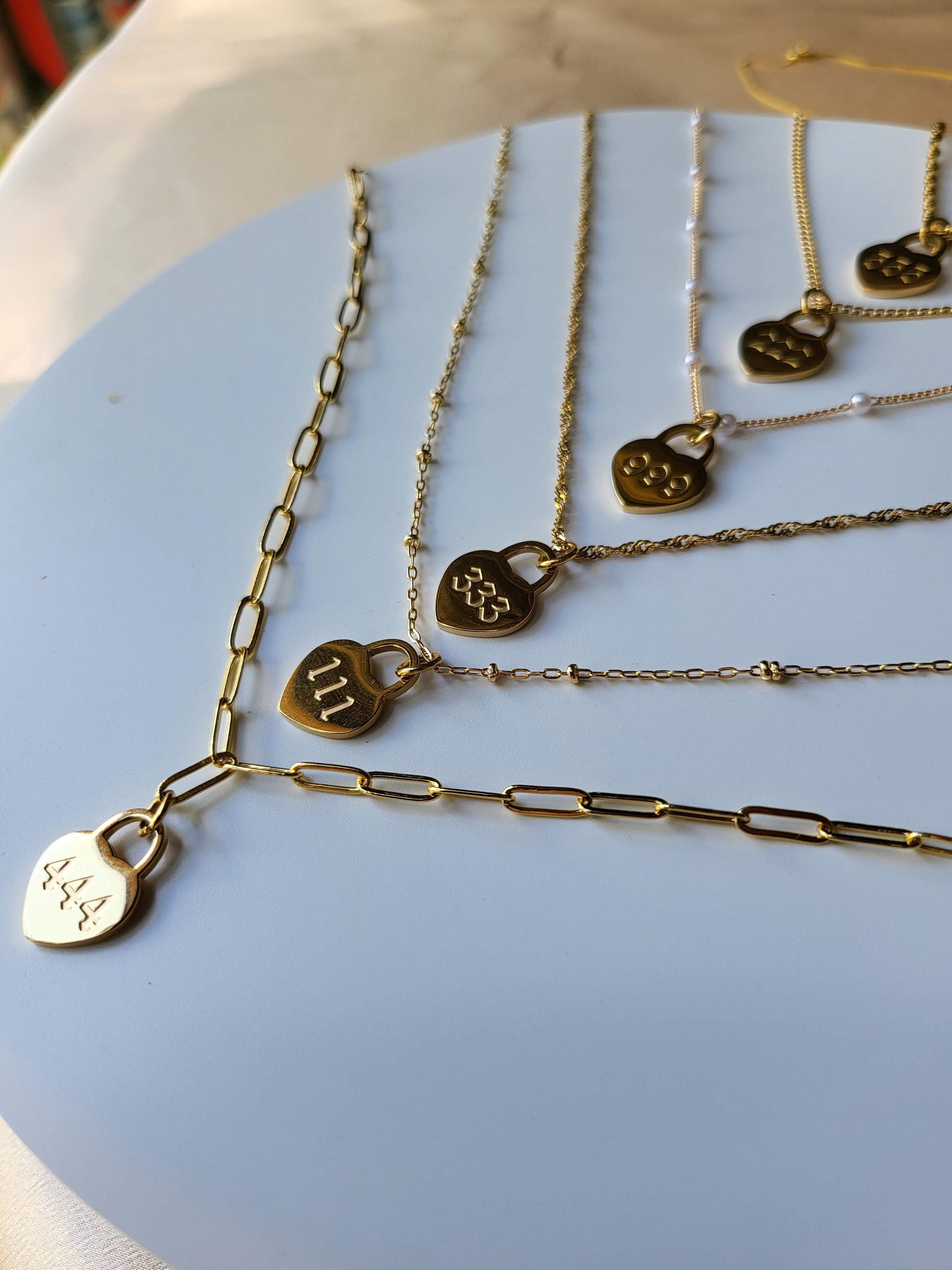 Gold Filled Heart Angel Number Necklace, WATERPROOF Adjustable Chains.