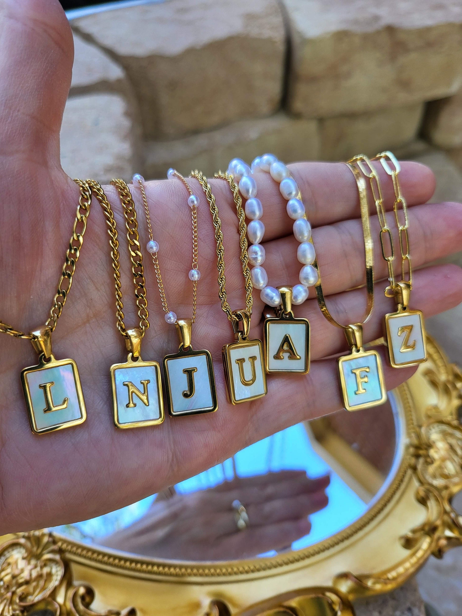 Gold Filled Mother of Pearl Initial Name Necklace, Birthday Gift.