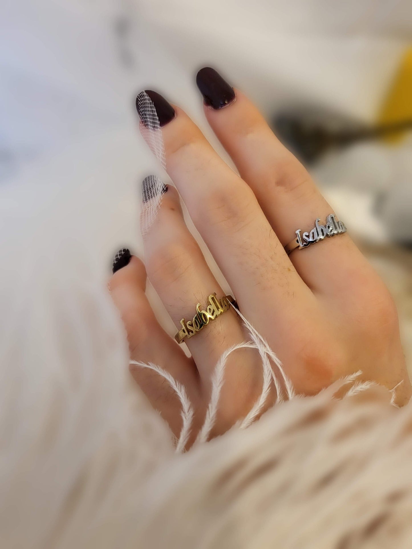 Sterling silver Name ring , Gold Double name ring ,Waterproof , Everyday Jewelry .
