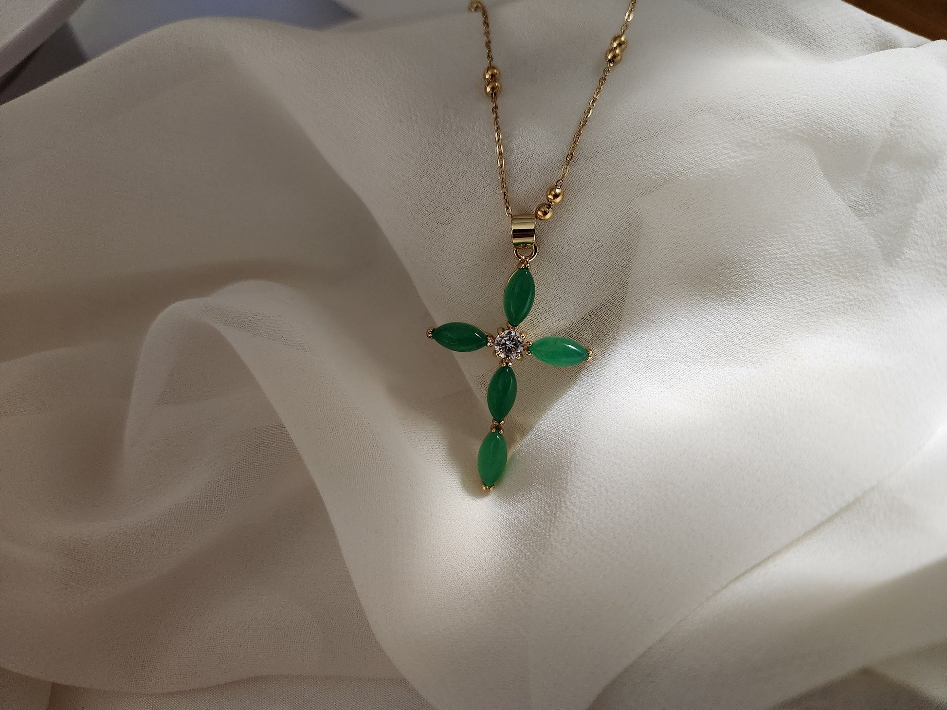 Green Natural Jade Cross Necklaces, WATERPROOF Adjustable Chains.
