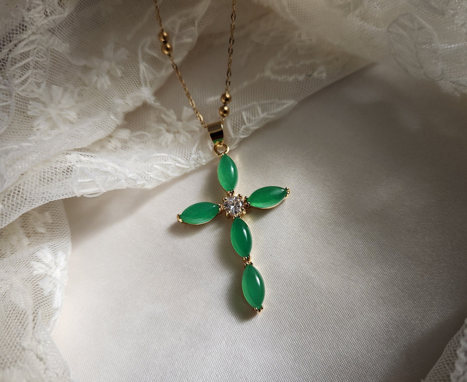 Green Natural Jade Cross Necklaces, WATERPROOF Adjustable Chains.