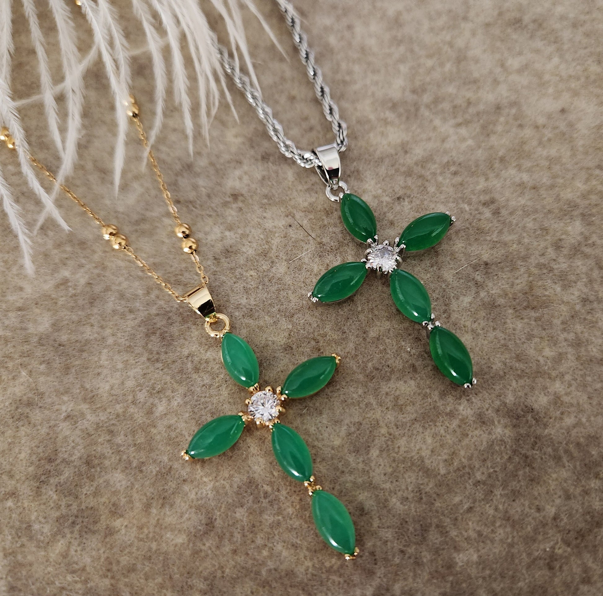 Green Natural Jade Cross Necklaces, WATERPROOF Adjustable Chains.