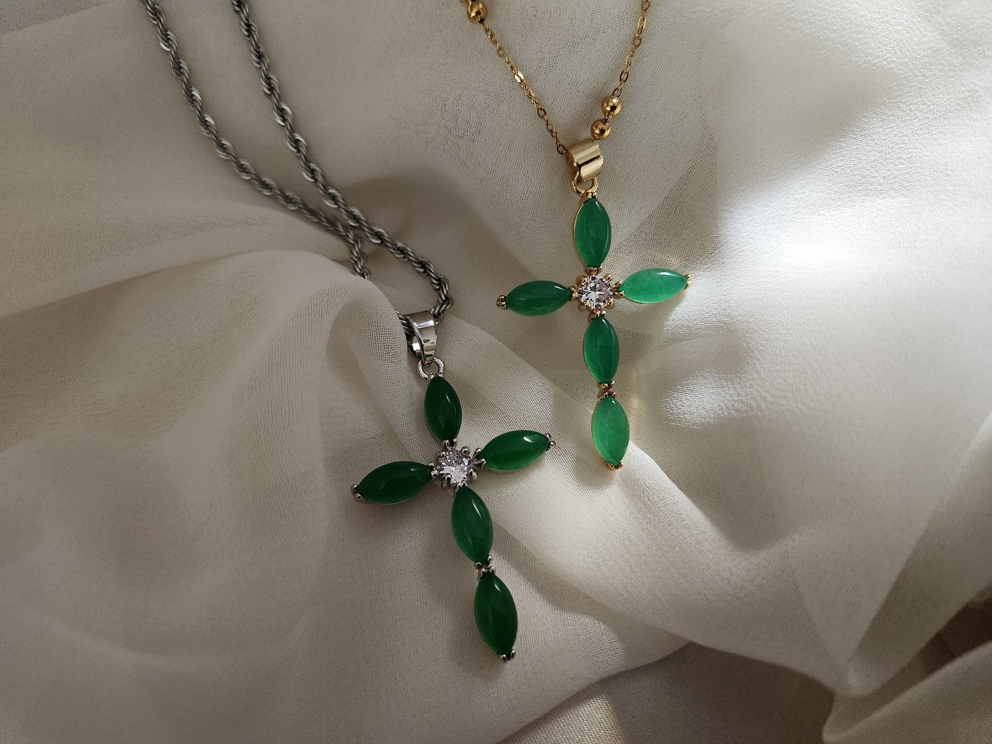Green Natural Jade Cross Necklaces, WATERPROOF Adjustable Chains.