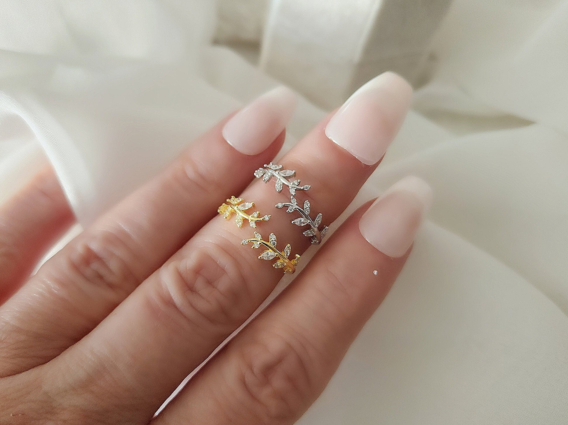 925 Sterling Silver-Gold Cubic Zircon Adjustable Leaf Ring , Waterproof , High Quality, Birthday Gift.