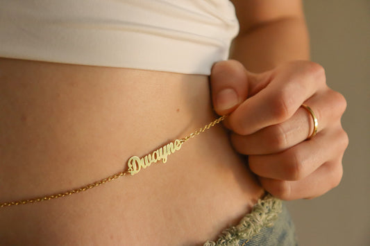 Gold Filled Name Belly Chain,Custom Gift For Her, WATERPROOF, Add Your Birthstone.