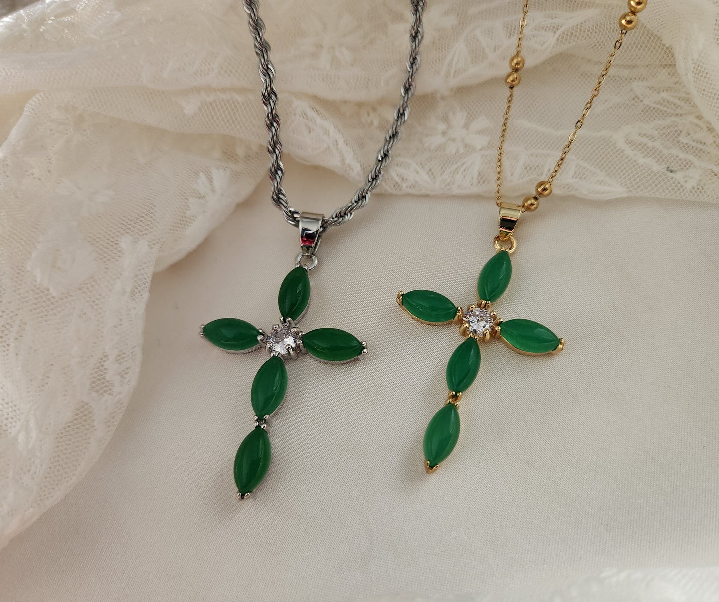 Green Natural Jade Cross Necklaces, WATERPROOF Adjustable Chains.