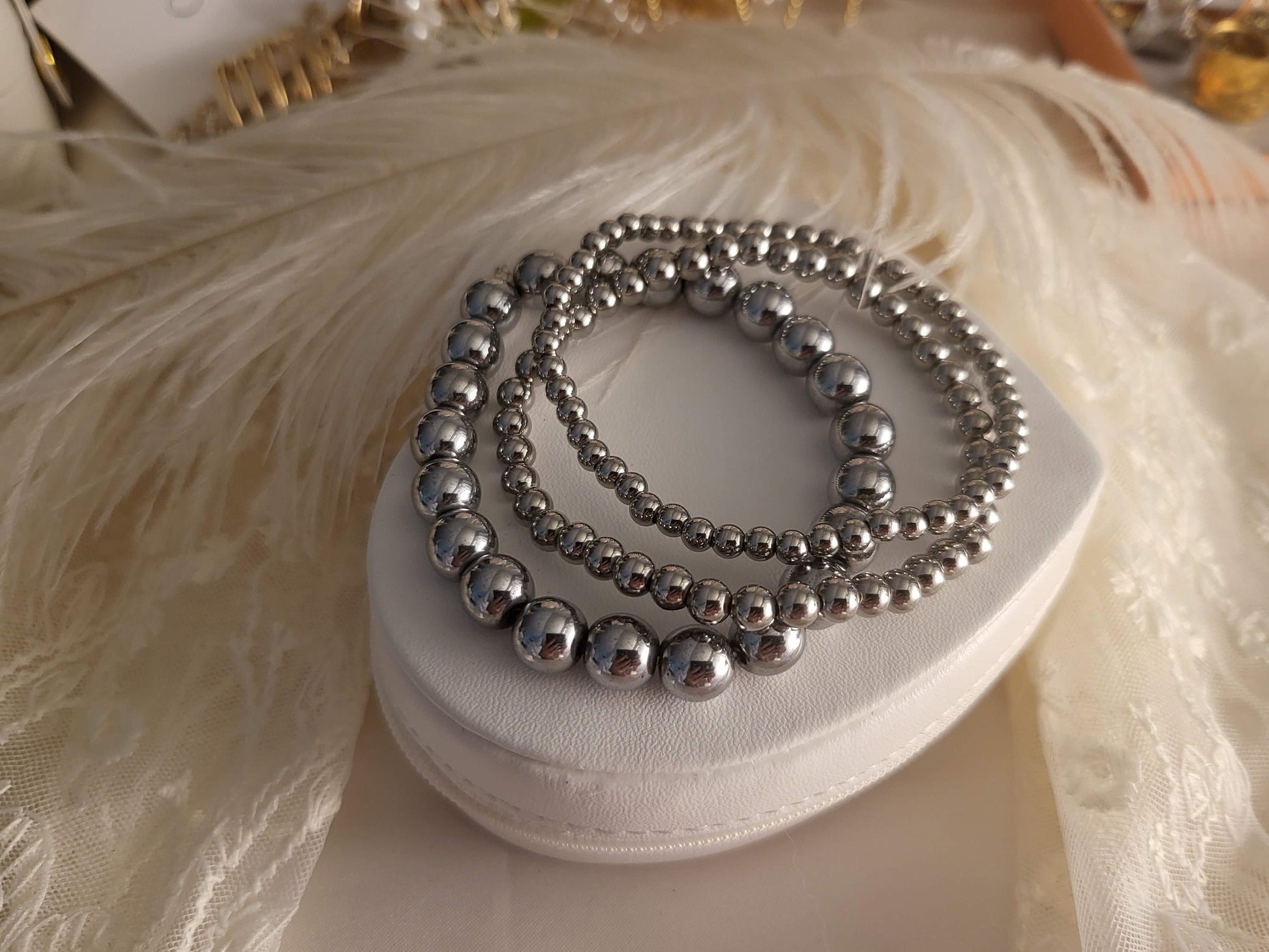 Silver-Gold Stainless Steel Beaded Bracelet, WATERPROOF,Christmas Gift.