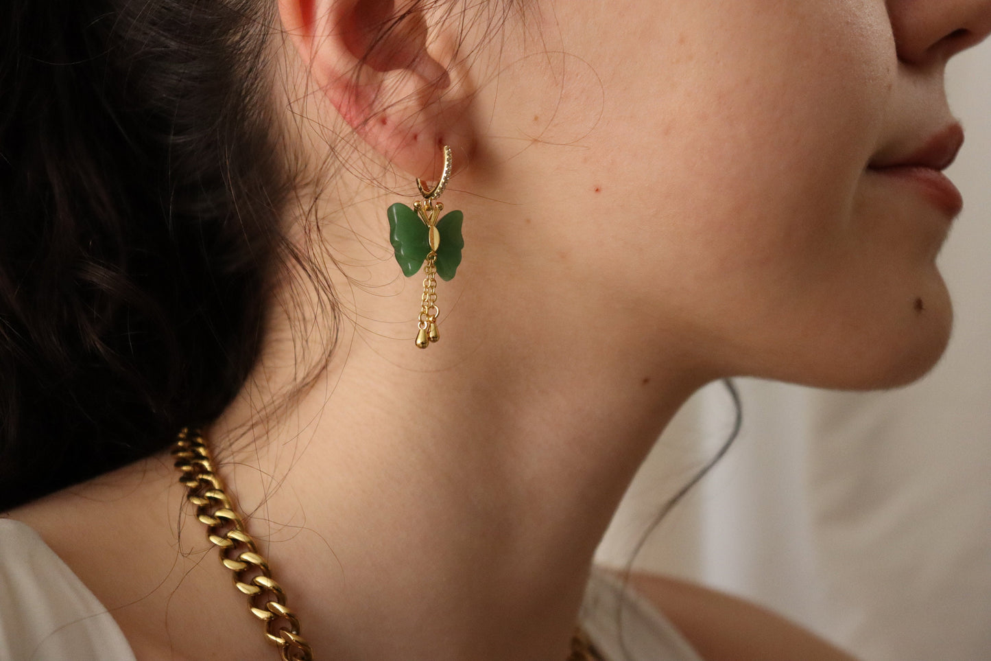 Gold Butterfly Jade Necklace, WATERPROOF Chains, Gifts for Her.