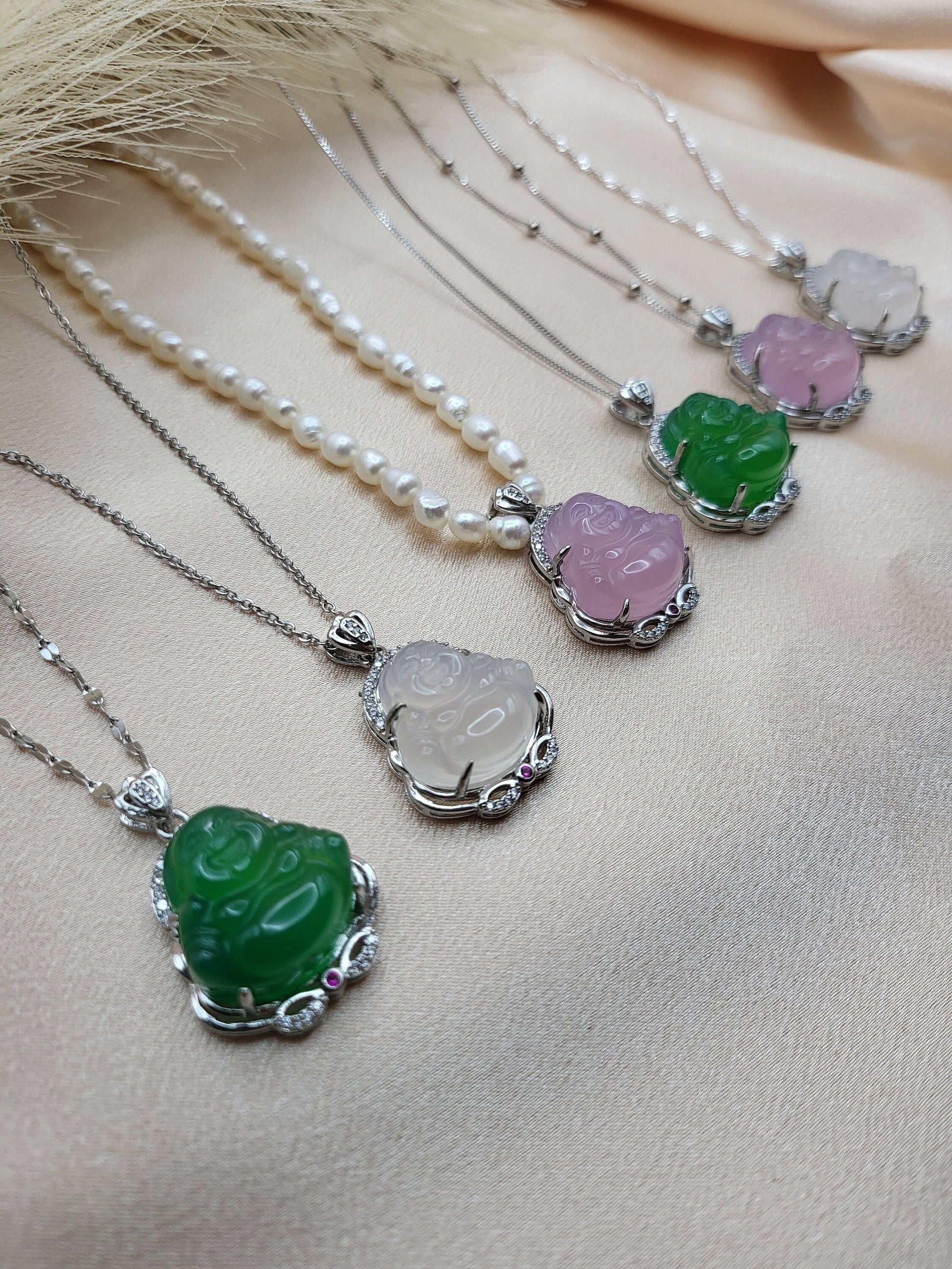 925 Sterling Silver Jade Buddha Necklace, Choose Your Chain, Waterproof ,Gift For Her.