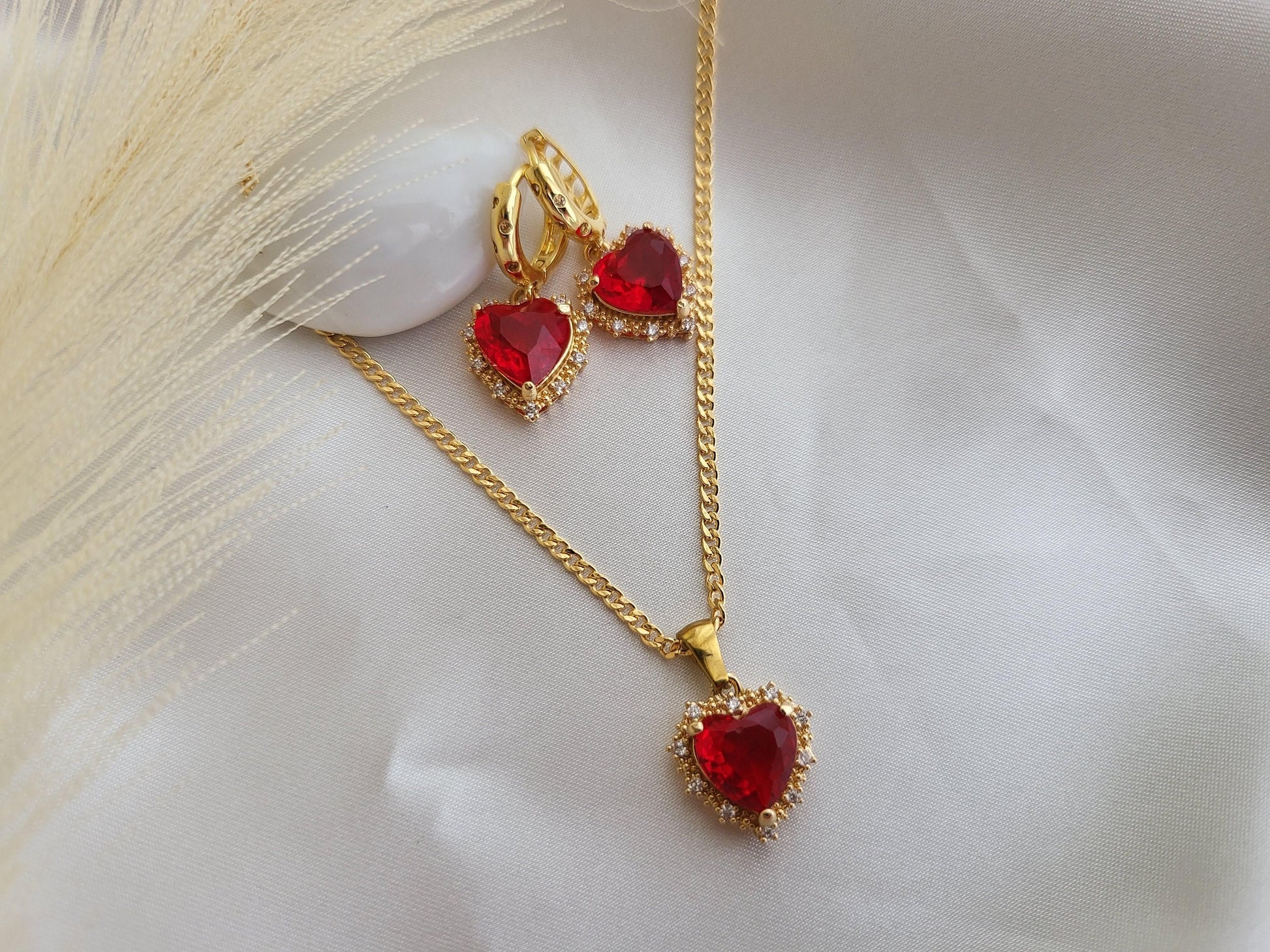 Gold Heart Earrings ,Red, Blue, Green, White, Red Heart Necklace, WATERPROOF Adjustable Chains.