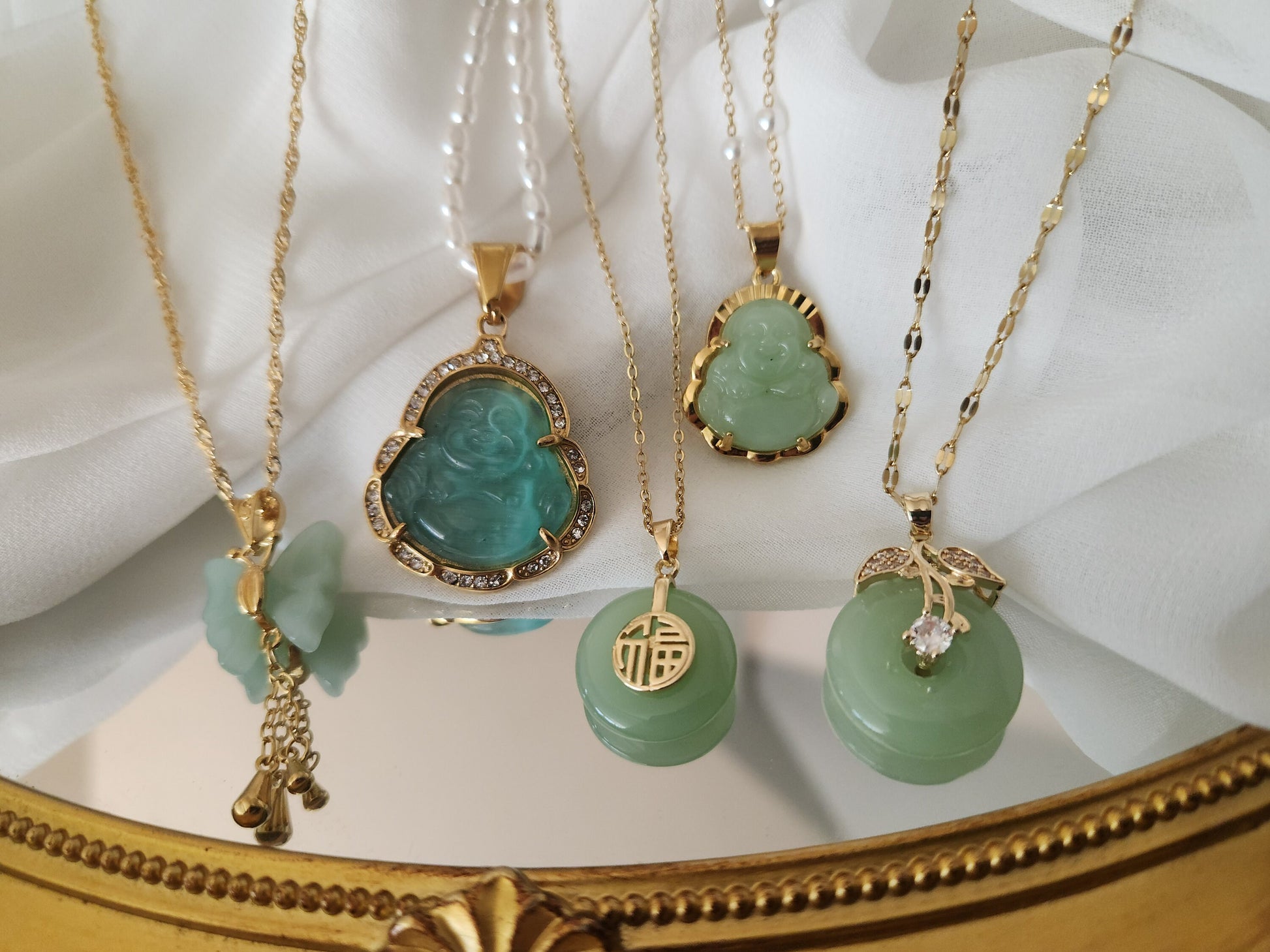 Gold Filled Mint Good Luck Jade Necklace, WATERPROOF Chains, Gift for Her.