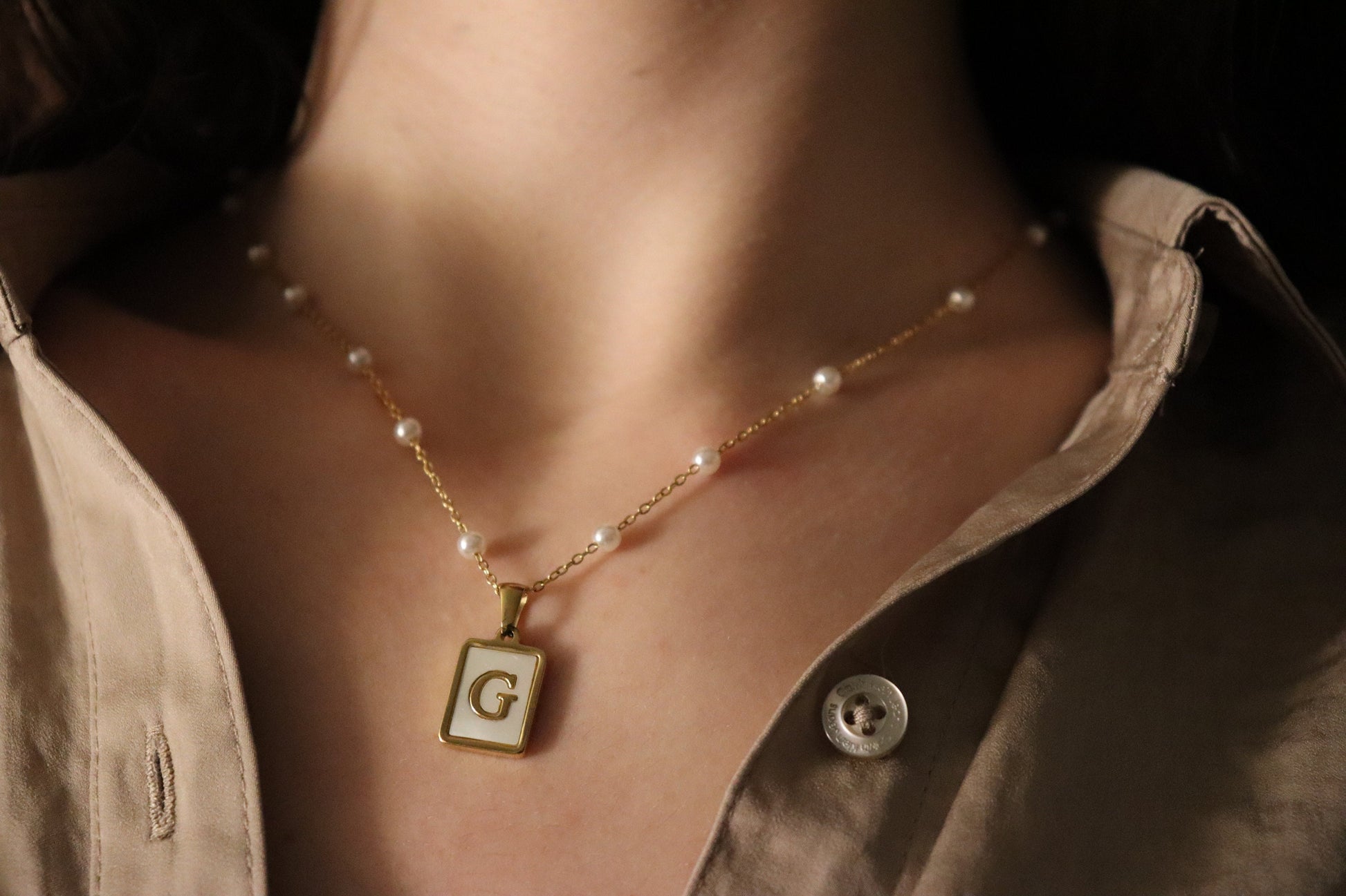 Gold Filled Mother of Pearl Initial Name Necklace, Birthday Gift.
