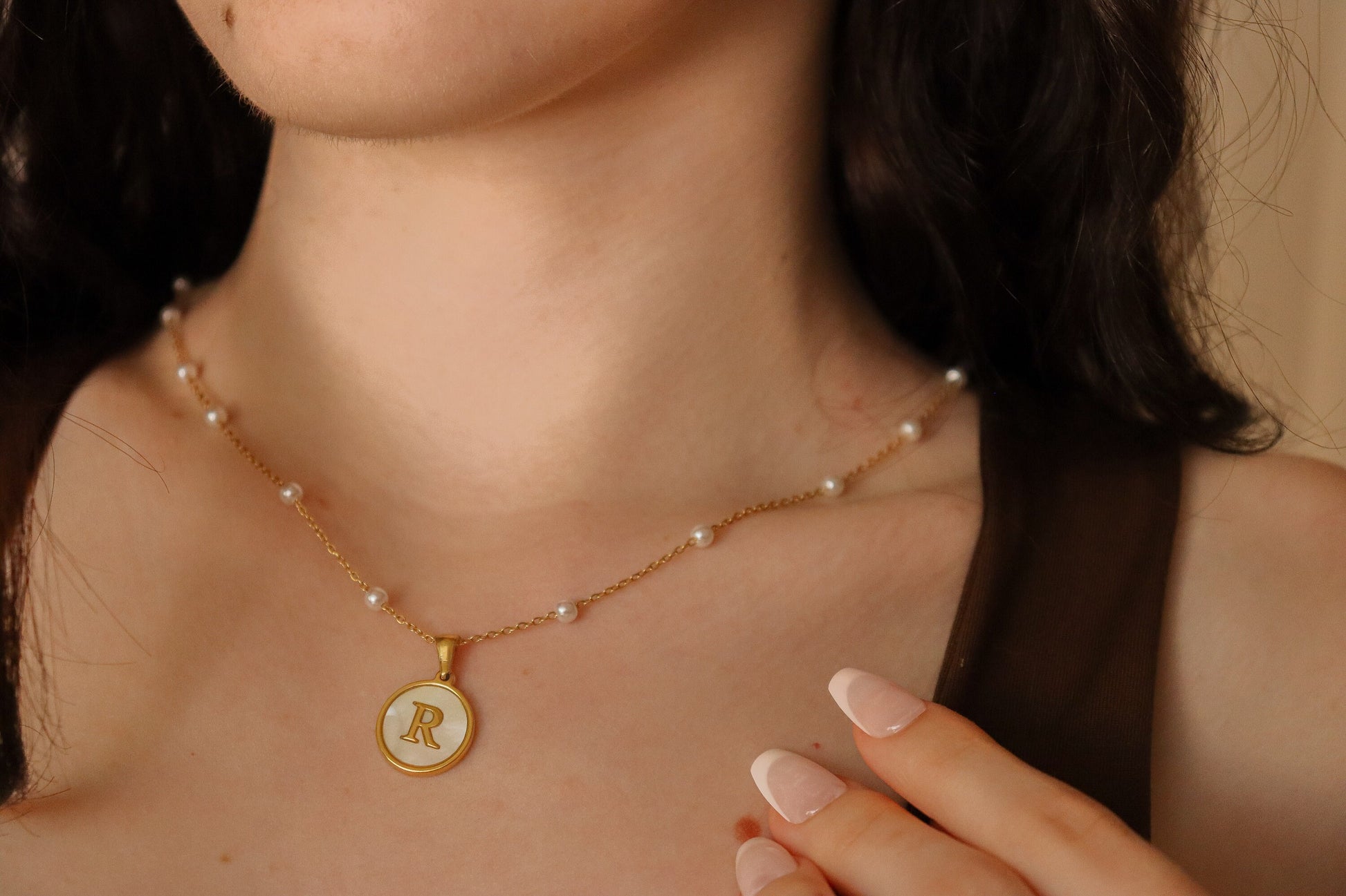 Gold Filled Mother of Pearl Round Initial Name Necklace, Birthday Gift.