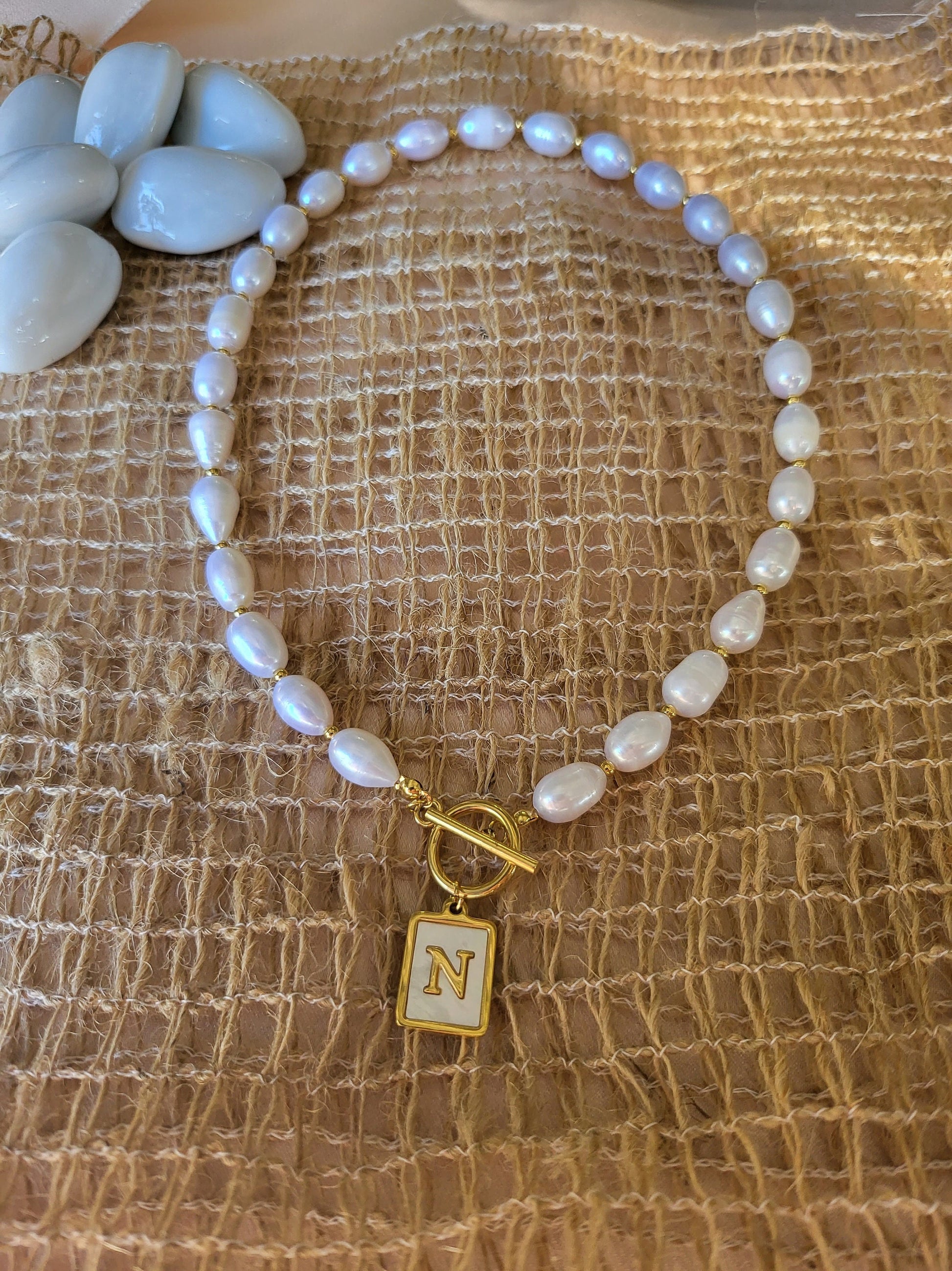 Gold Filled Real Freshwater Pearl Necklace ,Round initial , Square initial, Toggle claps.