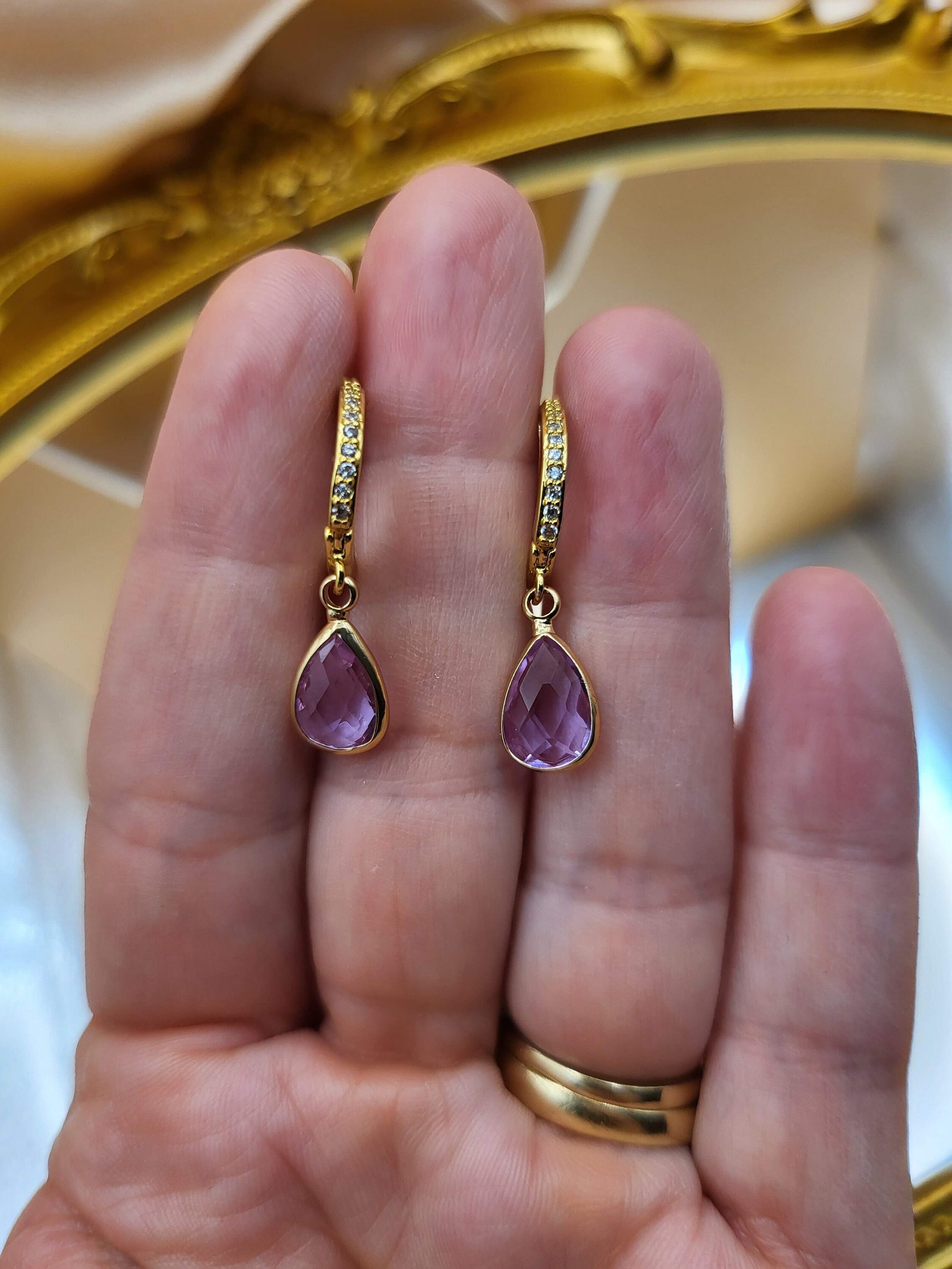 Gold Filled Drop Birth Stone Earrings , Crystal Birth Month Charm Necklace , Minimal Dainty Jewelry, Gift For Her.