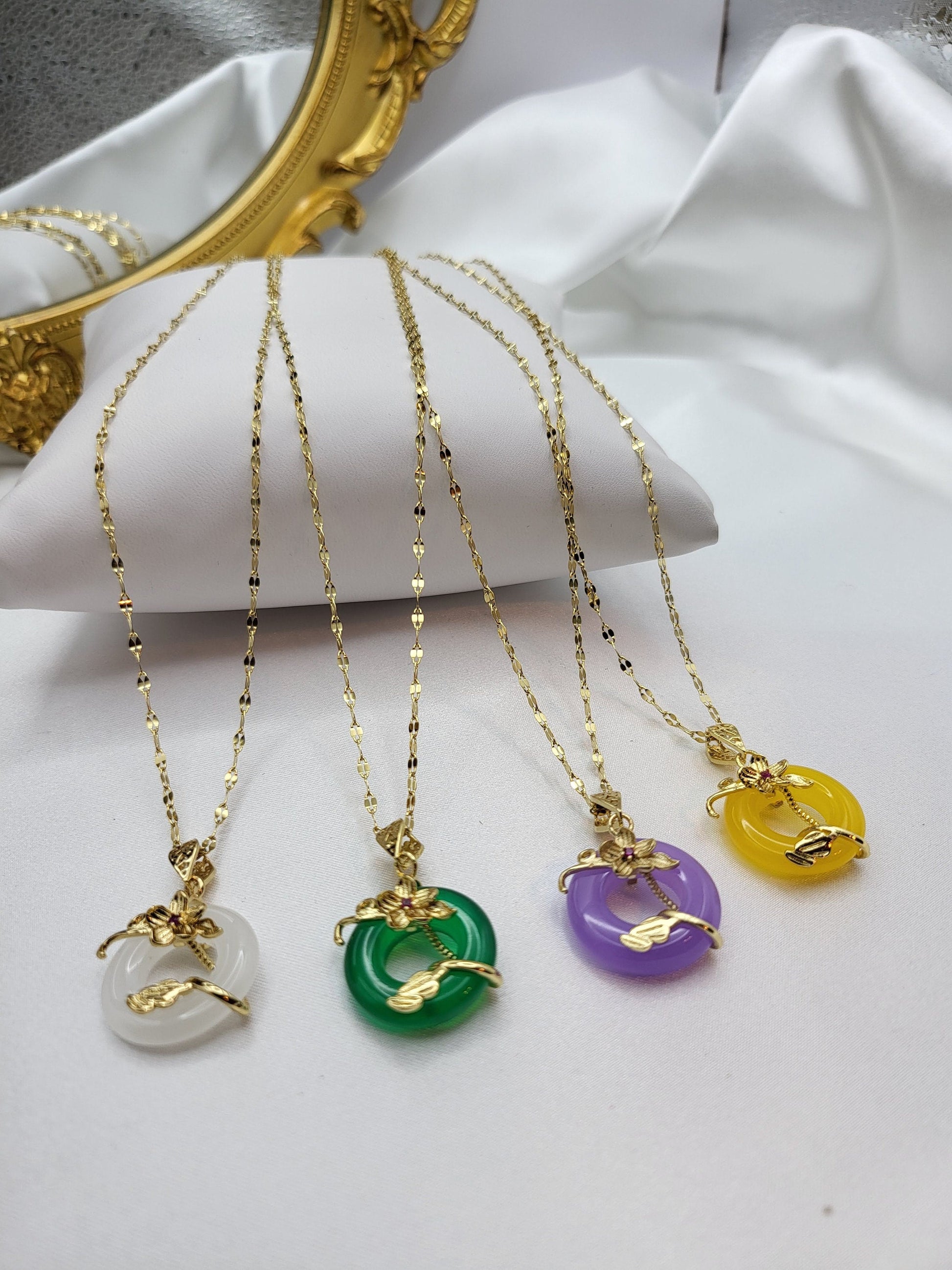 Gold Natural Circle Flower Jade Necklace, WATERPROOF Adjustable Chains.
