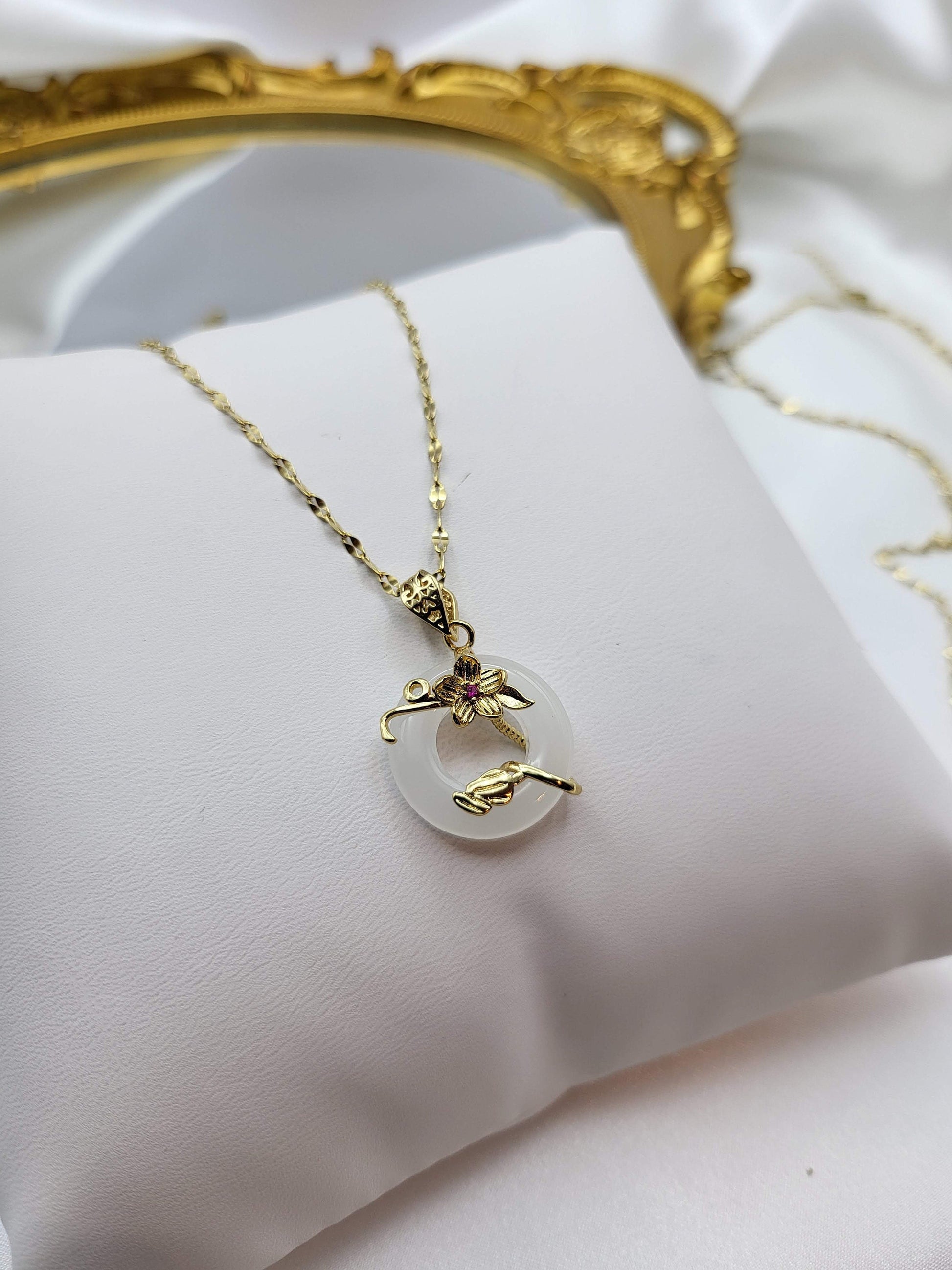 Gold Natural Circle Flower Jade Necklace, WATERPROOF Adjustable Chains.