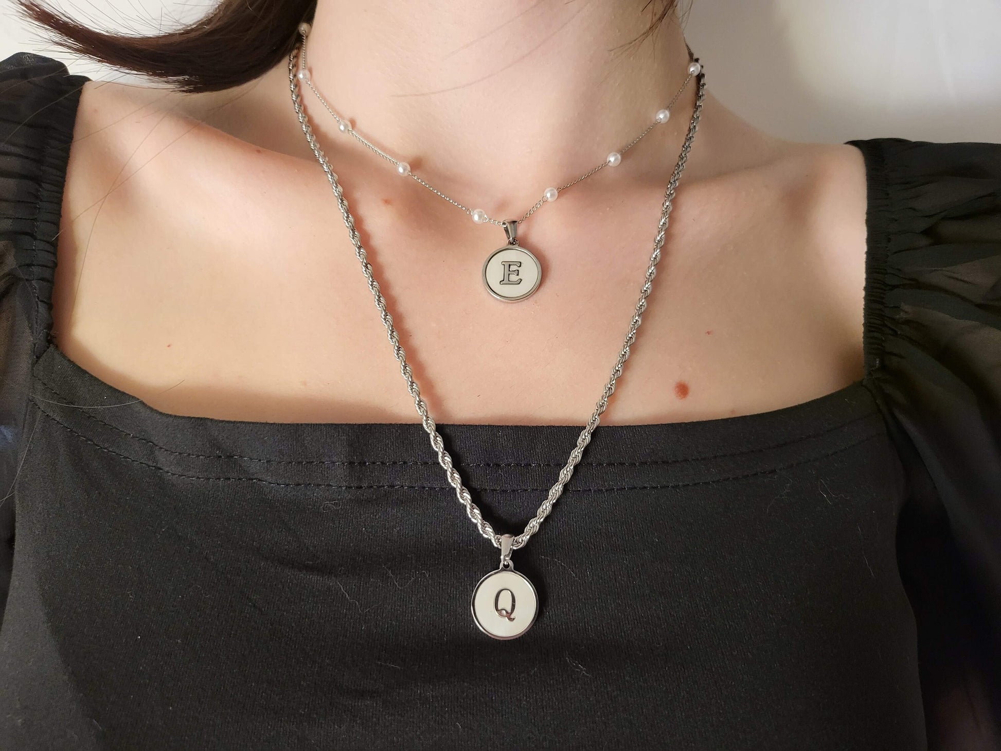 Gold Filled Mother of Pearl Round Initial Name Necklace, Birthday Gift.