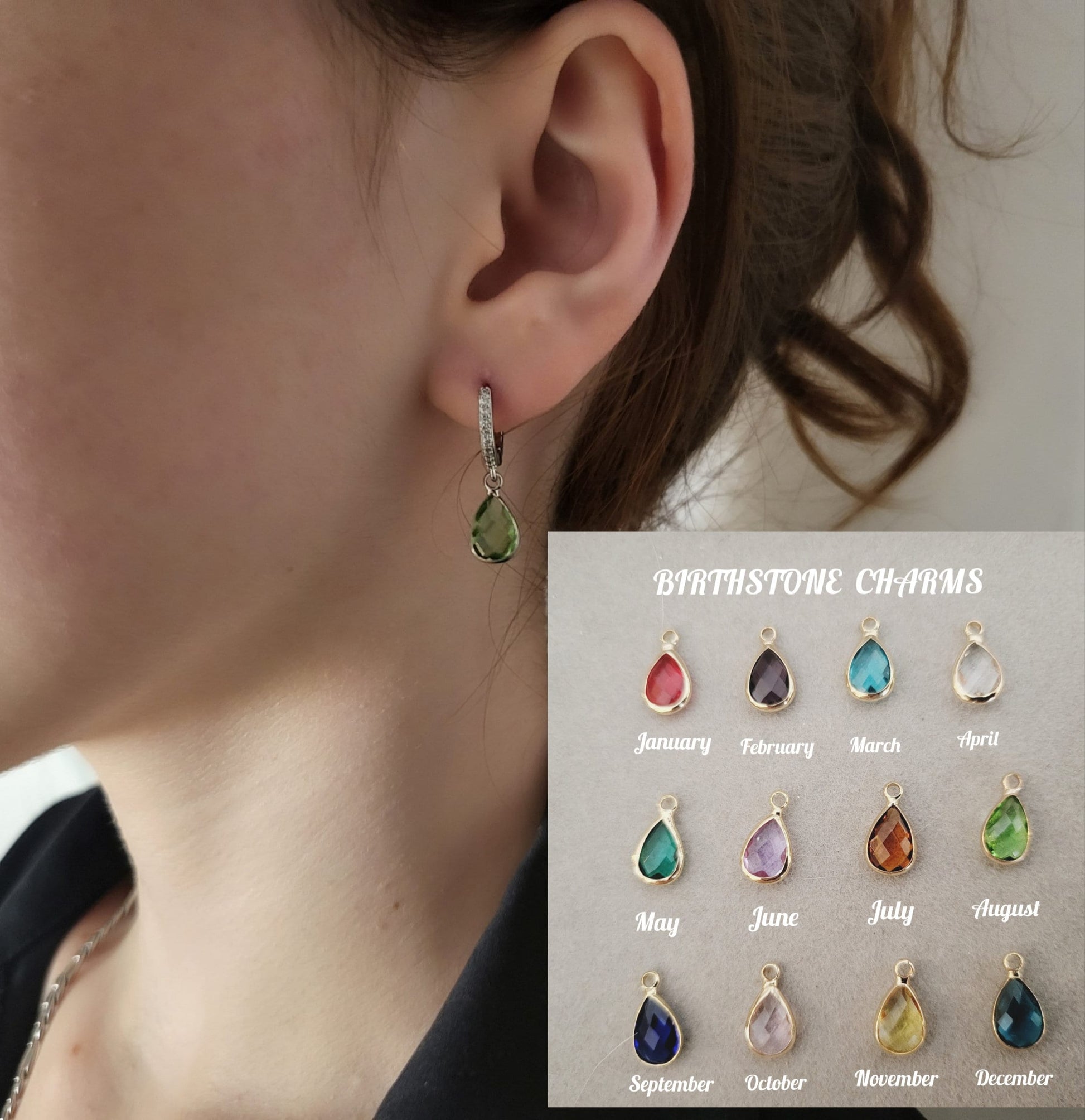 Gold Filled Drop Birth Stone Earrings , Crystal Birth Month Charm Necklace , Minimal Dainty Jewelry, Gift For Her.