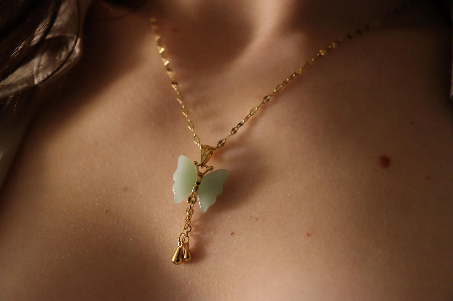 Gold Butterfly Jade Necklace, WATERPROOF Chains, Gifts for Her.