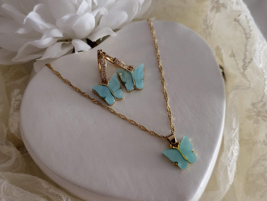18K Gold Butterfly Earrings- Necklace, WATERPROOF Chains, Gifts for Her.