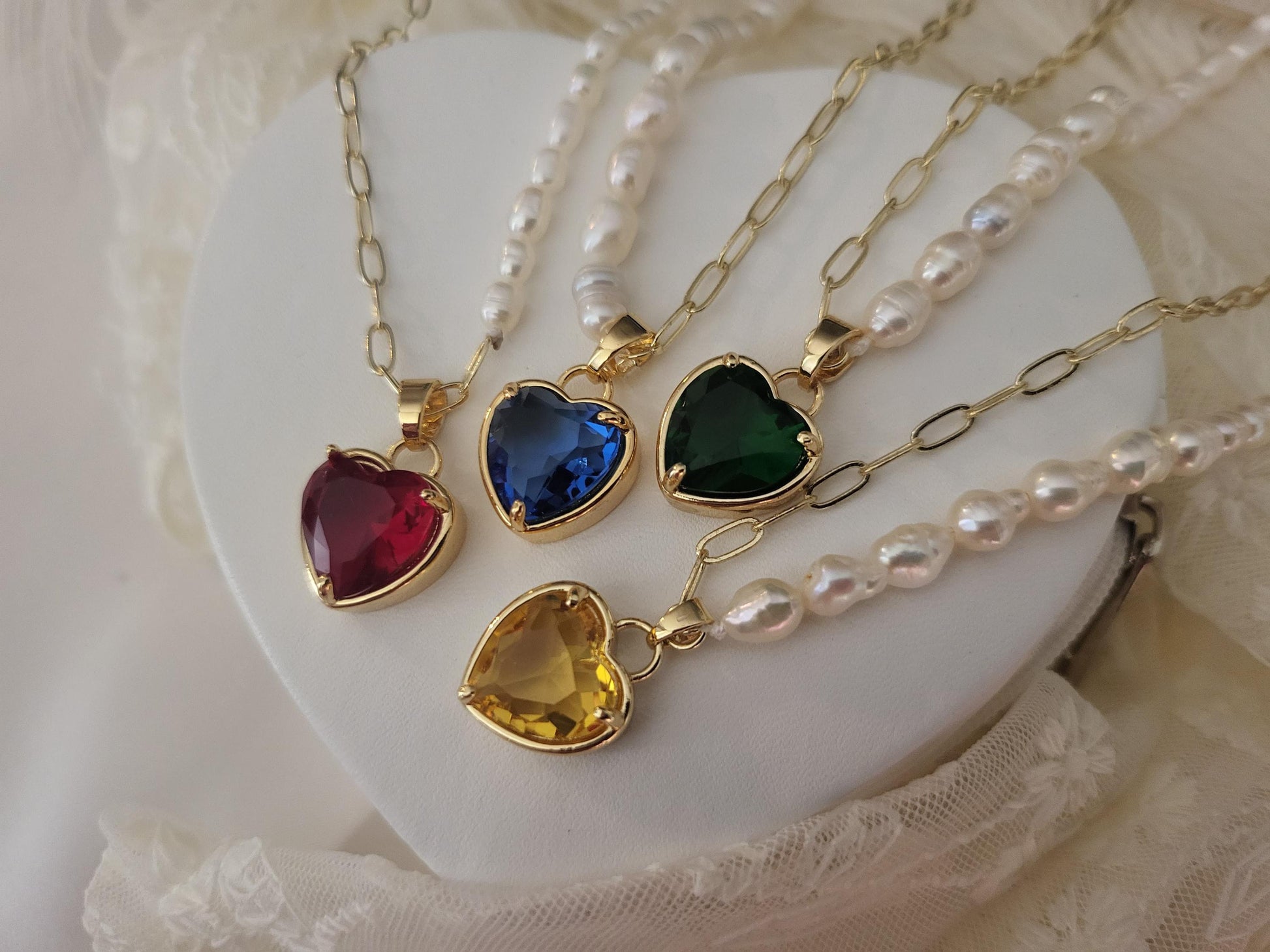14K Gold Heart Necklace ,Red, Lavender, Green, Pink, Red Heart, WATERPROOF Delicate Chains.