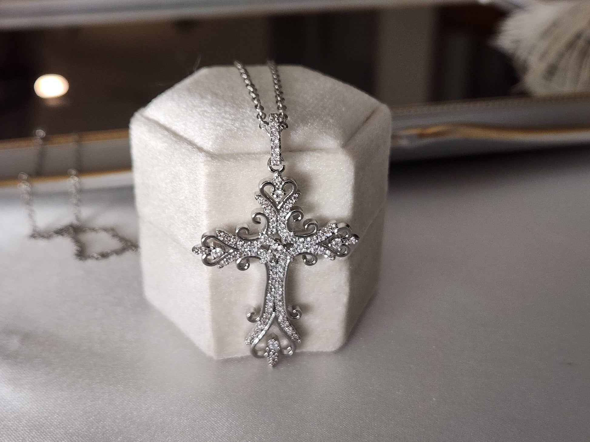 Genuine Diamond Cross, Silver Dainty Cross Necklace ,Adjustable WATERPROOF Chains, Handmade Jewelry , Christmas Gift, Christening gift.