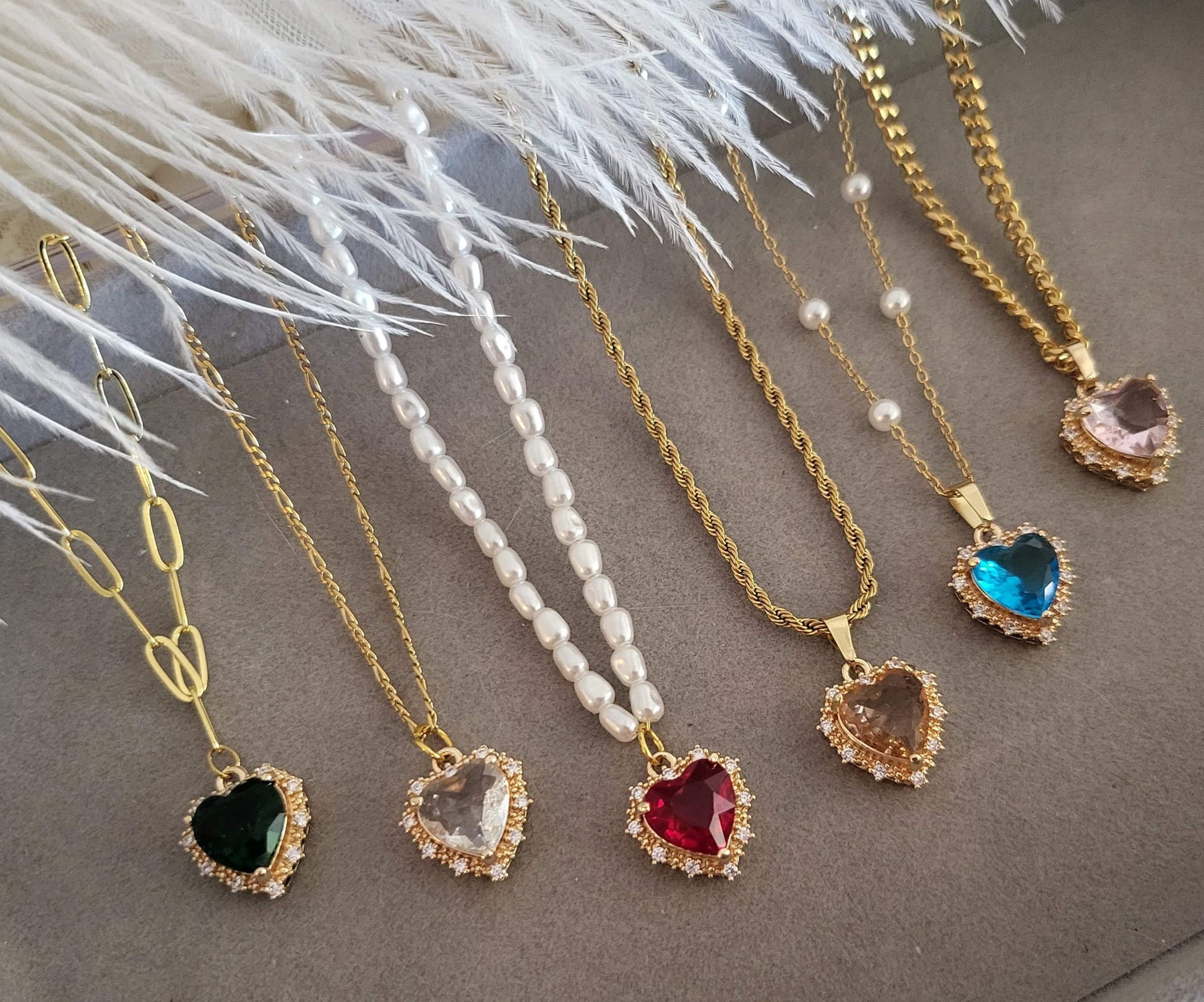 Gold Heart Necklace ,Red, Blue, Green, White, Red Heart, WATERPROOF Adjustable Chains.