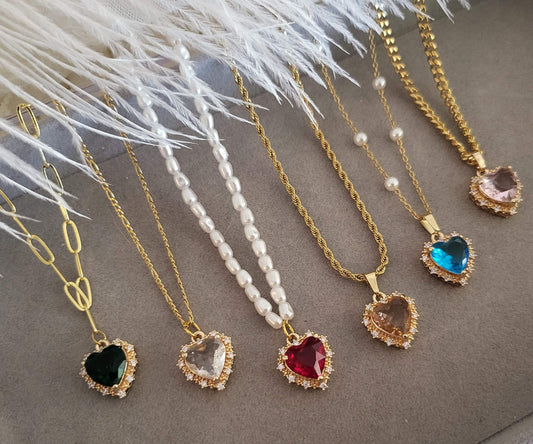 Gold Heart Necklace ,Red, Blue, Green, White, Red Heart, WATERPROOF Adjustable Chains.