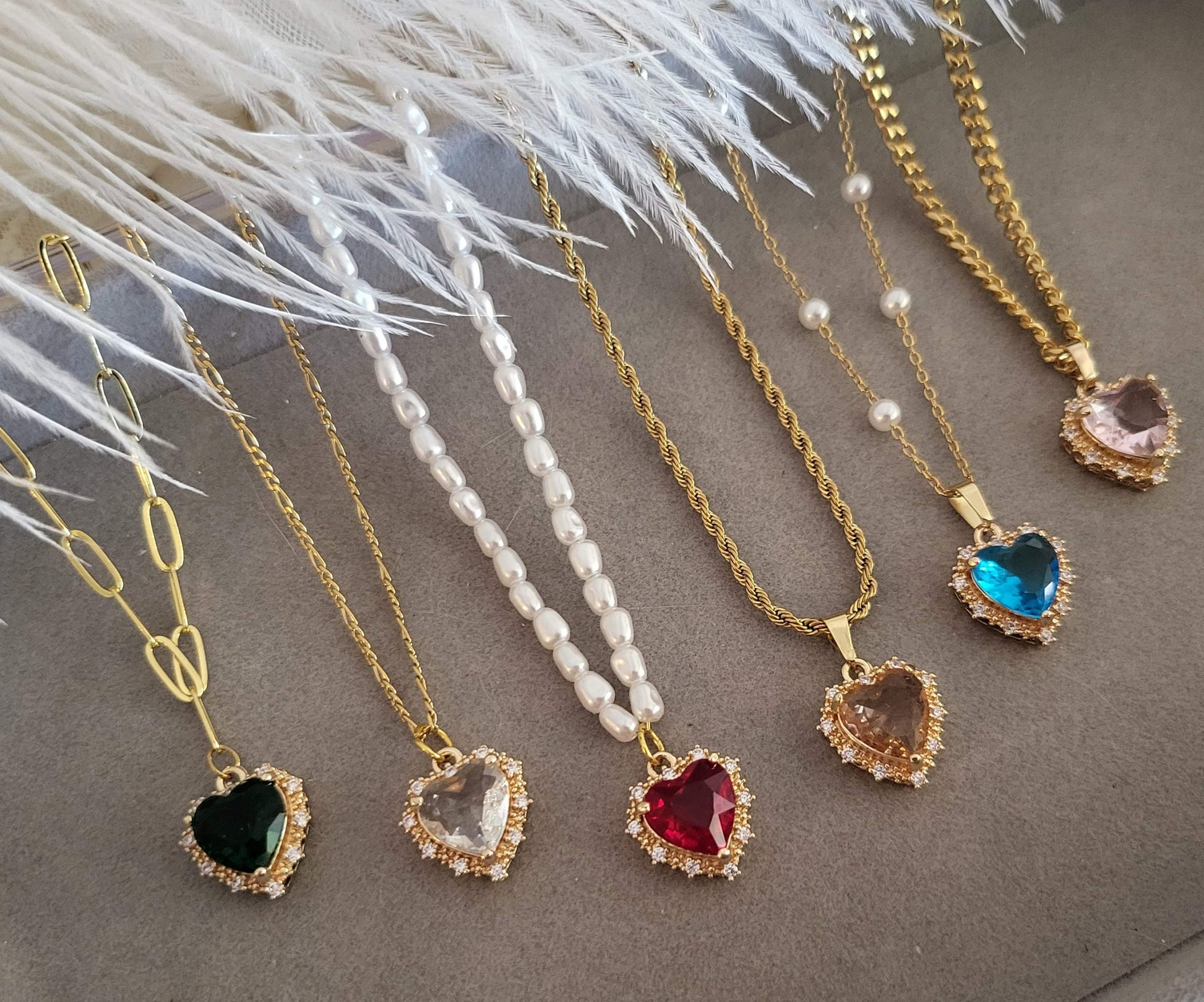 Gold Heart Earrings ,Red, Blue, Green, White, Red Heart Necklace, WATERPROOF Adjustable Chains.