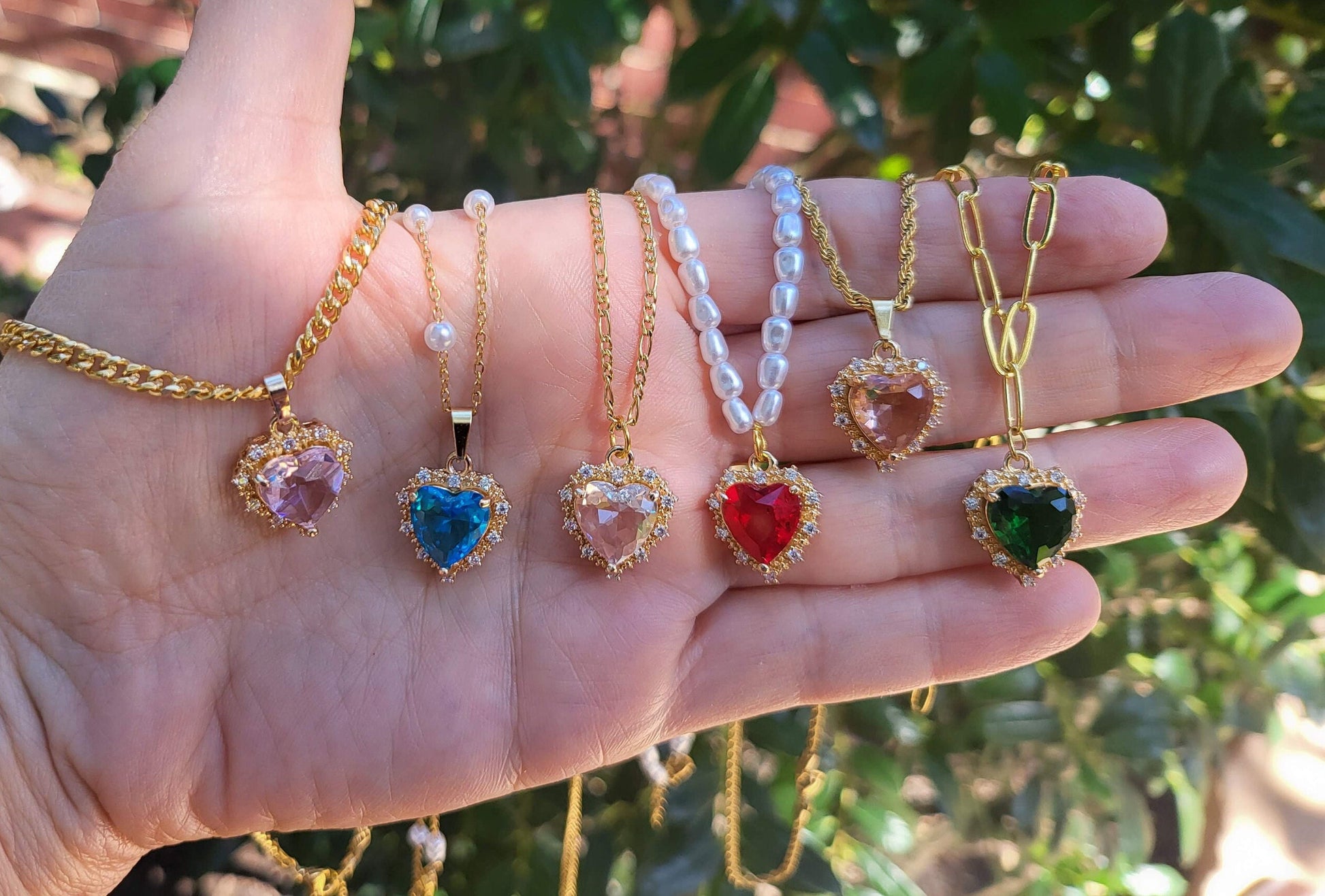 Gold Heart Necklace ,Red, Blue, Green, White, Red Heart, WATERPROOF Adjustable Chains.
