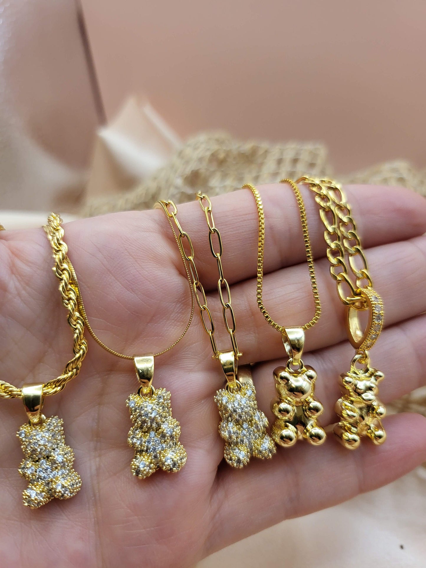 Gold Bear Necklace, WATERPROOF Adjustable Chains, Gift For Her.