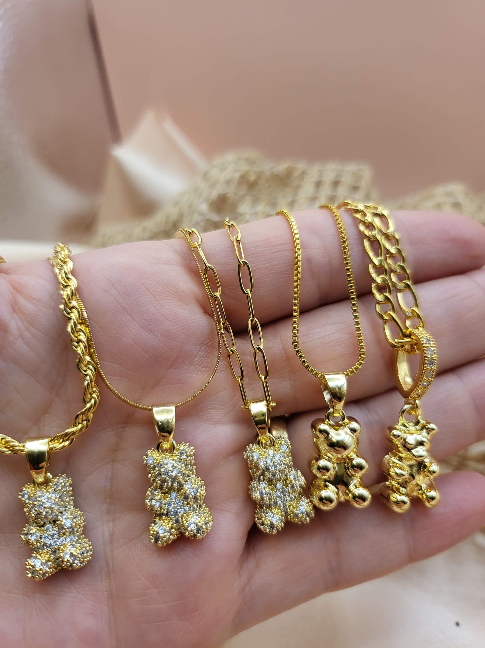 Gold Bear Necklace, WATERPROOF Adjustable Chains, Gift For Her.