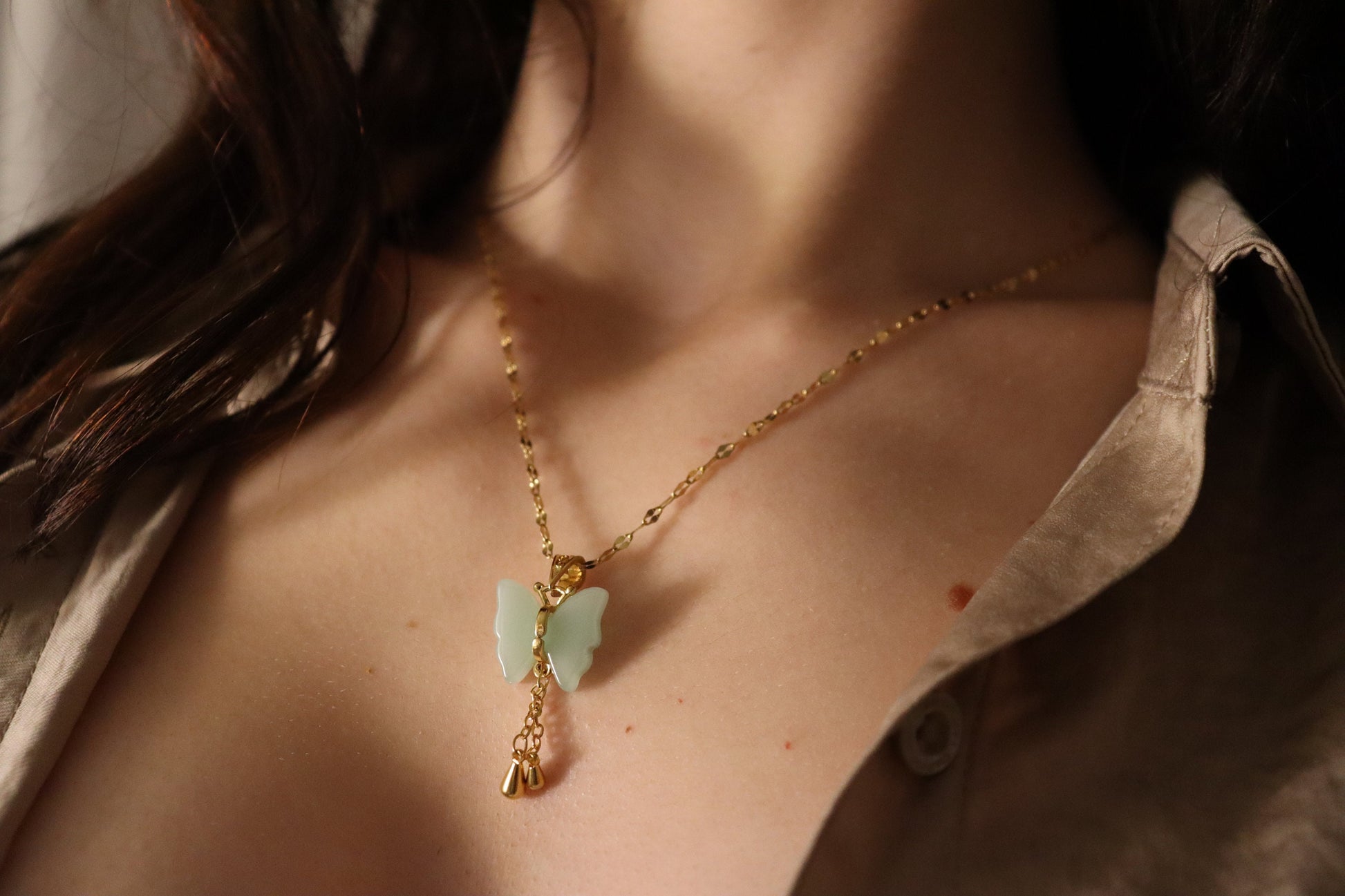 Gold Filled Mint Good Luck Jade Necklace, WATERPROOF Chains, Gift for Her.