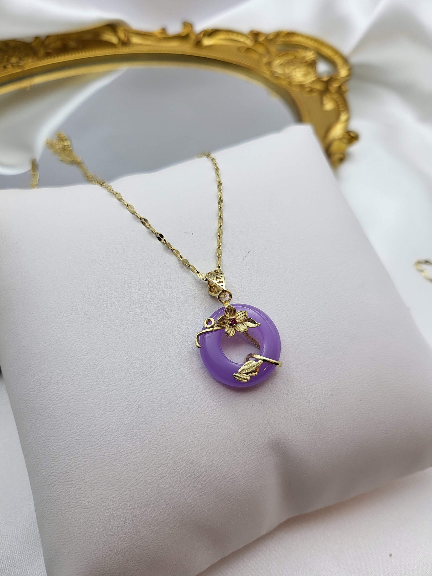 Gold Natural Circle Flower Jade Necklace, WATERPROOF Adjustable Chains.