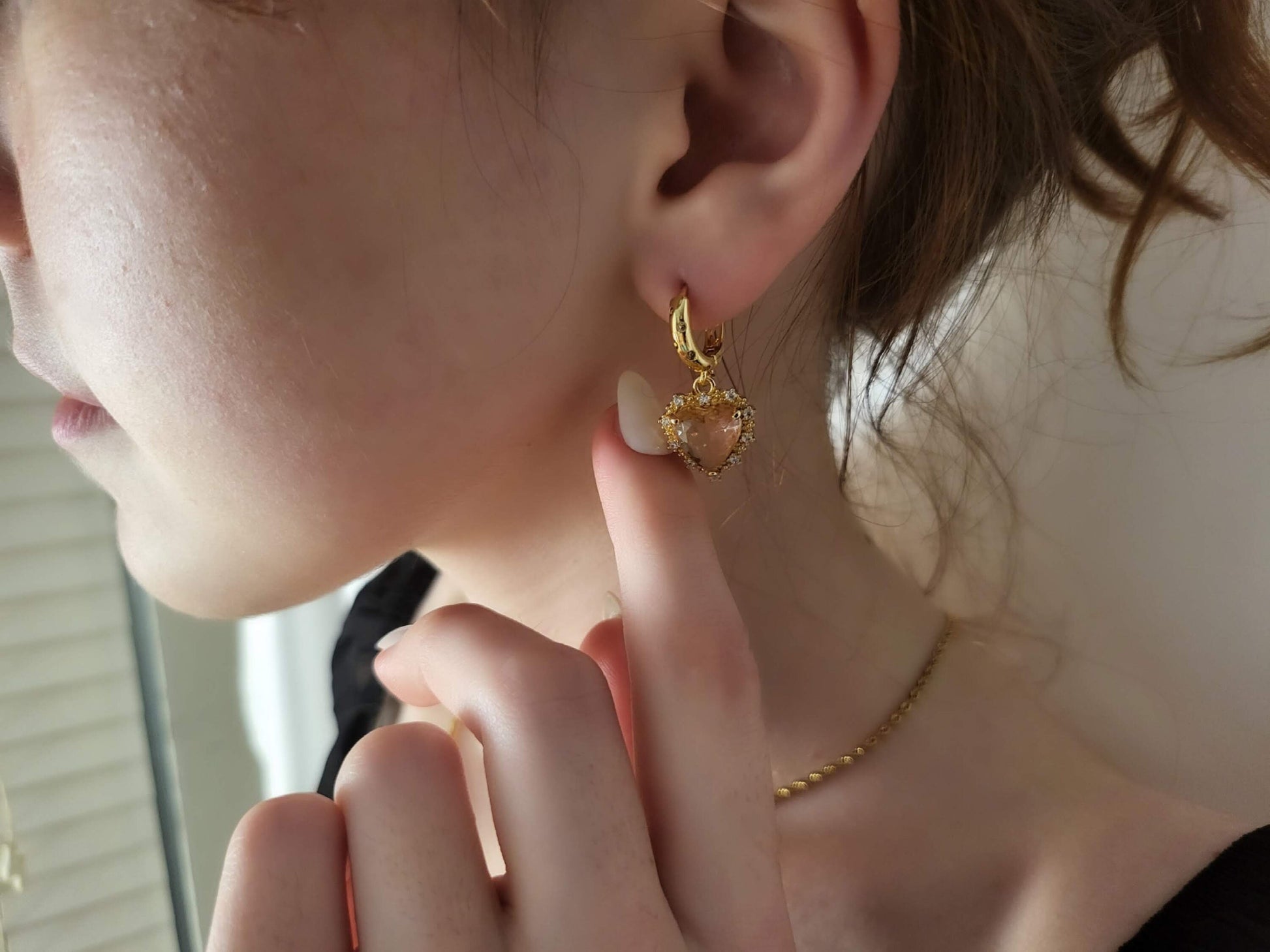 Gold Heart Earrings ,Red, Blue, Green, White, Red Heart Necklace, WATERPROOF Adjustable Chains.